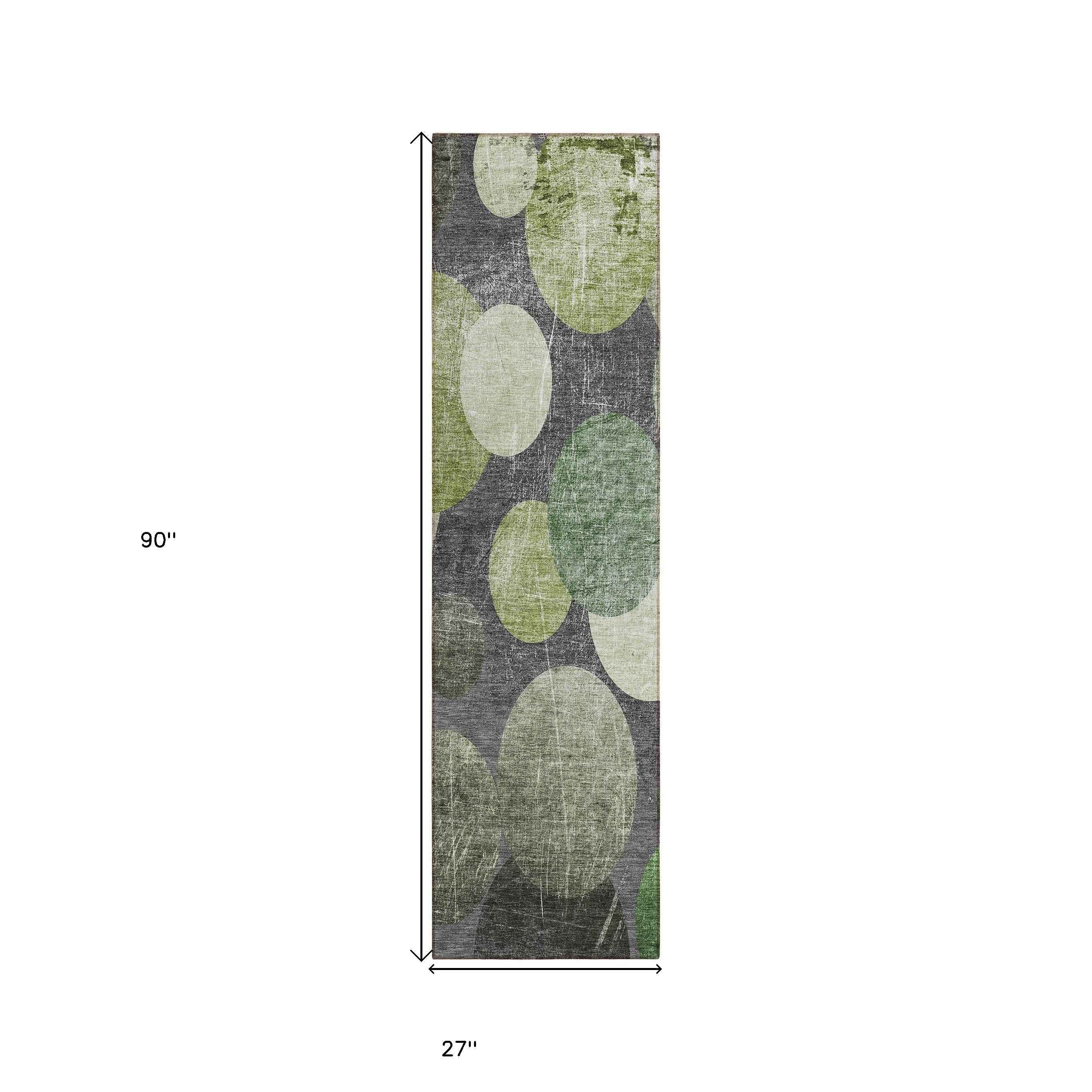 2' X 8' Green and Gray Abstract Washable Non Skid Indoor Outdoor Runner Rug