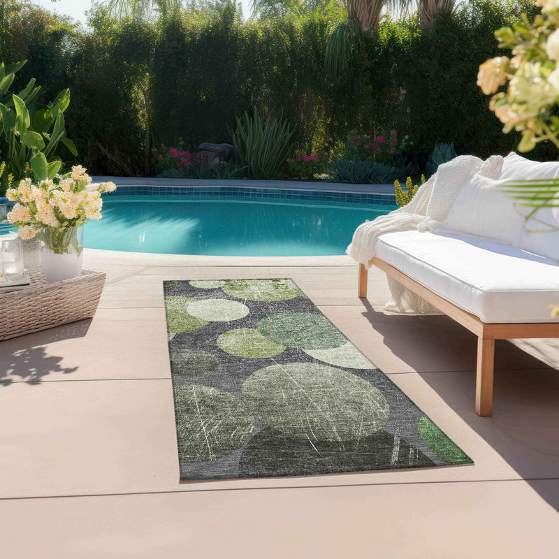 2' X 8' Green and Gray Abstract Washable Non Skid Indoor Outdoor Runner Rug