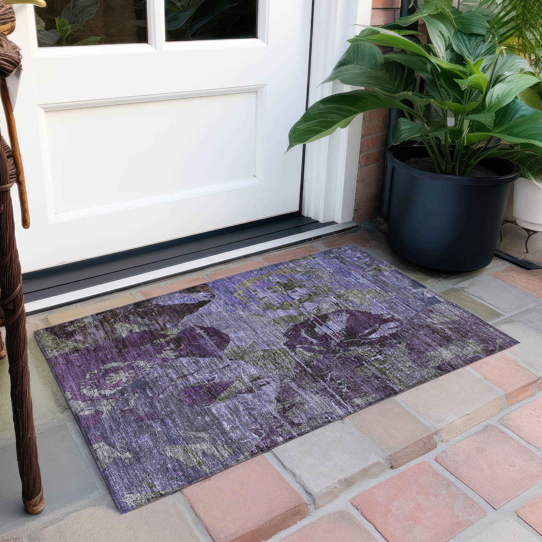 2' X 3' Purple and Green Floral Washable Non Skid Indoor Outdoor Area Rug