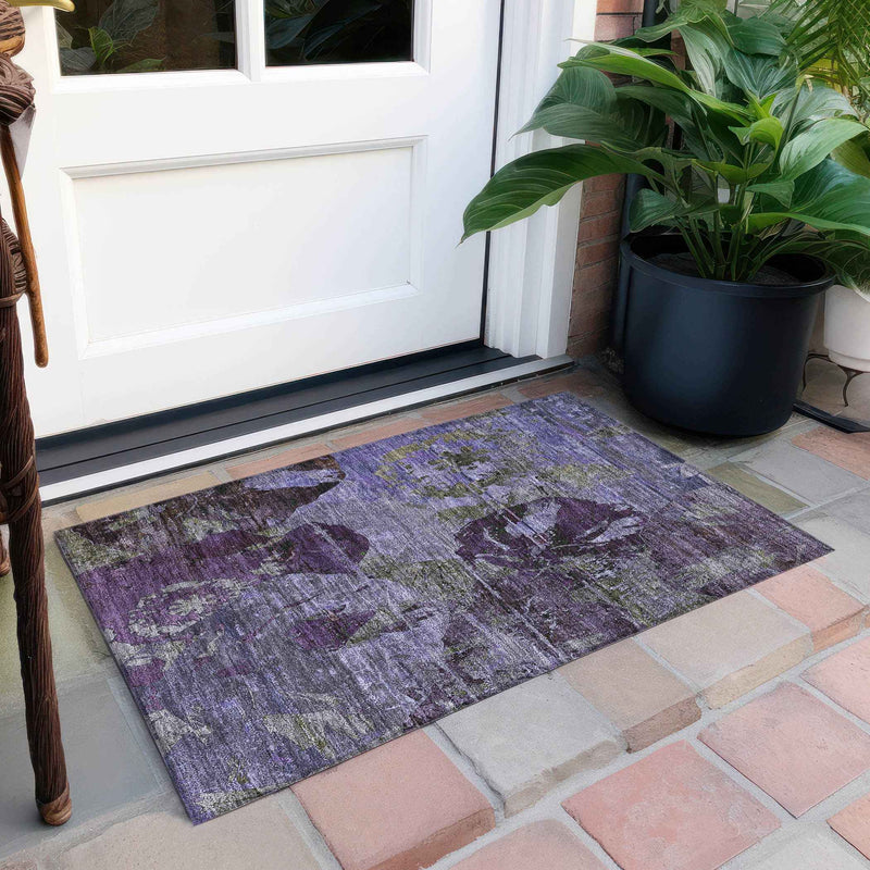 2' X 3' Purple and Green Floral Washable Non Skid Indoor Outdoor Area Rug