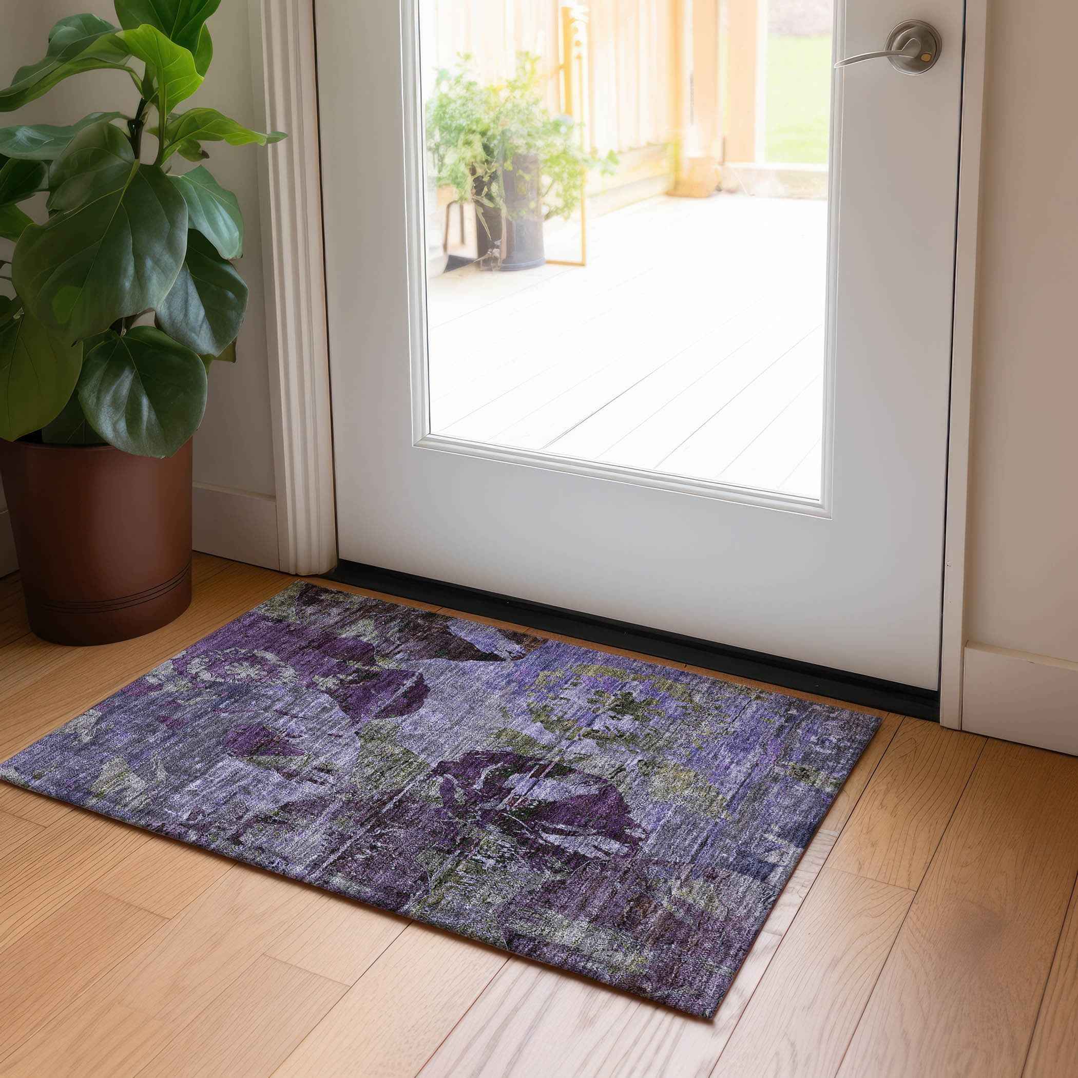 2' X 3' Purple and Green Floral Washable Non Skid Indoor Outdoor Area Rug