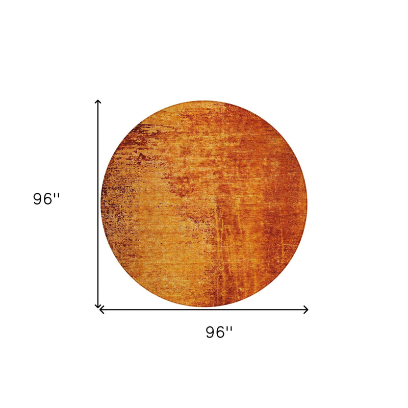 8' Round Orange Round Abstract Washable Non Skid Indoor Outdoor Area Rug