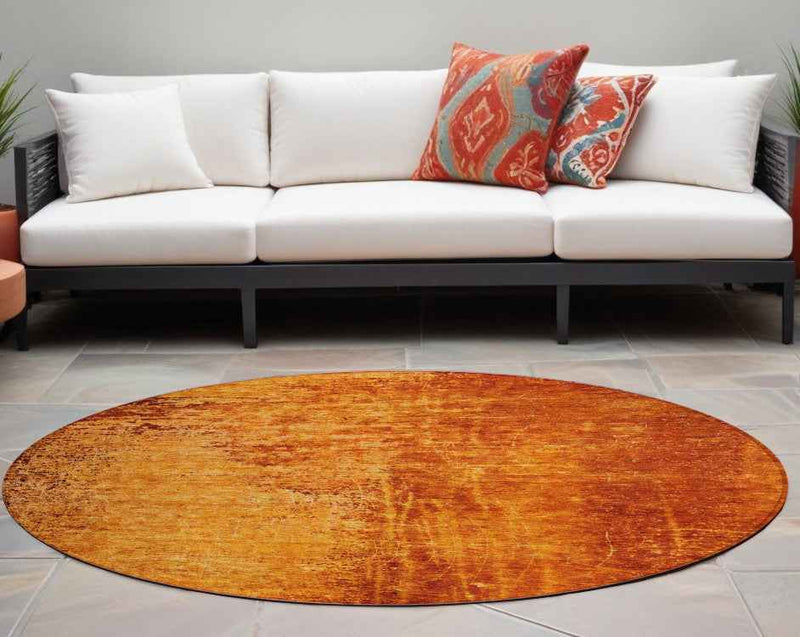 8' Round Orange Round Abstract Washable Non Skid Indoor Outdoor Area Rug