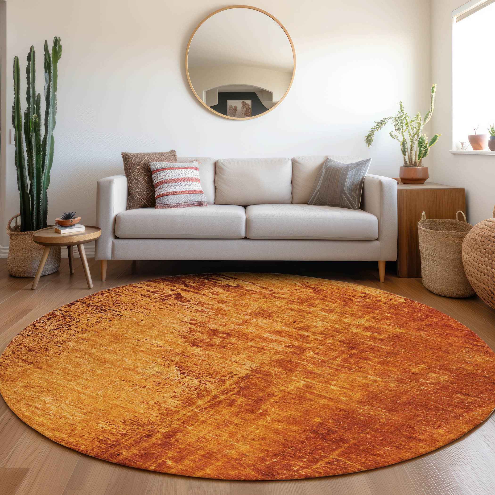 8' Round Orange Round Abstract Washable Non Skid Indoor Outdoor Area Rug