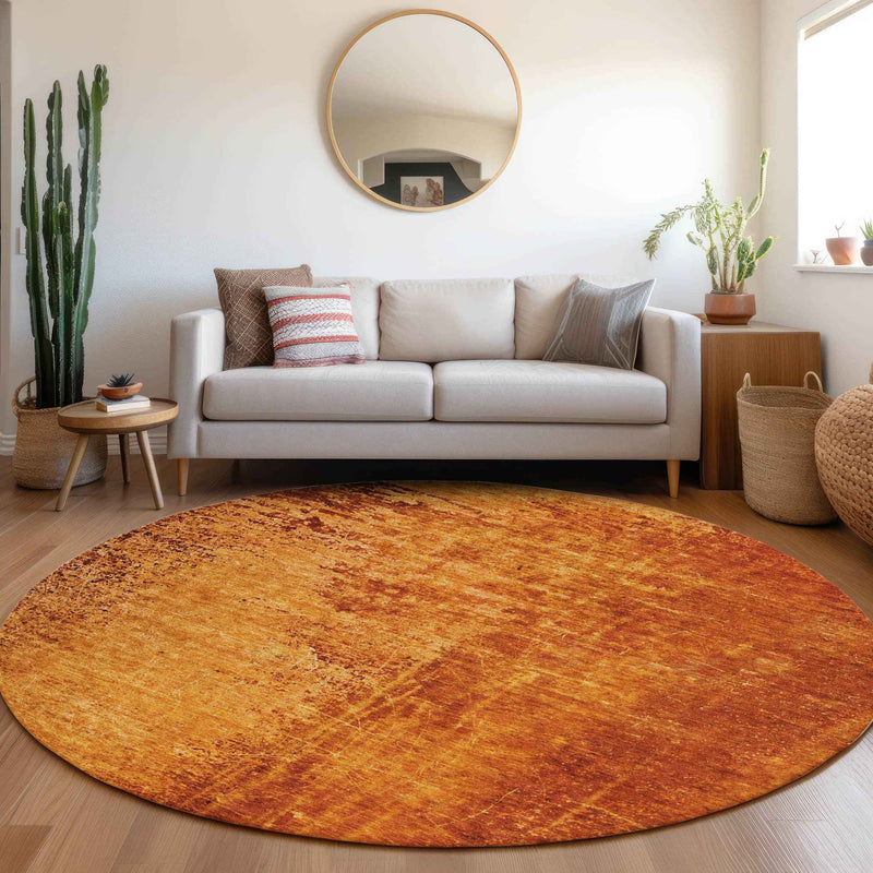 8' Round Orange Round Abstract Washable Non Skid Indoor Outdoor Area Rug