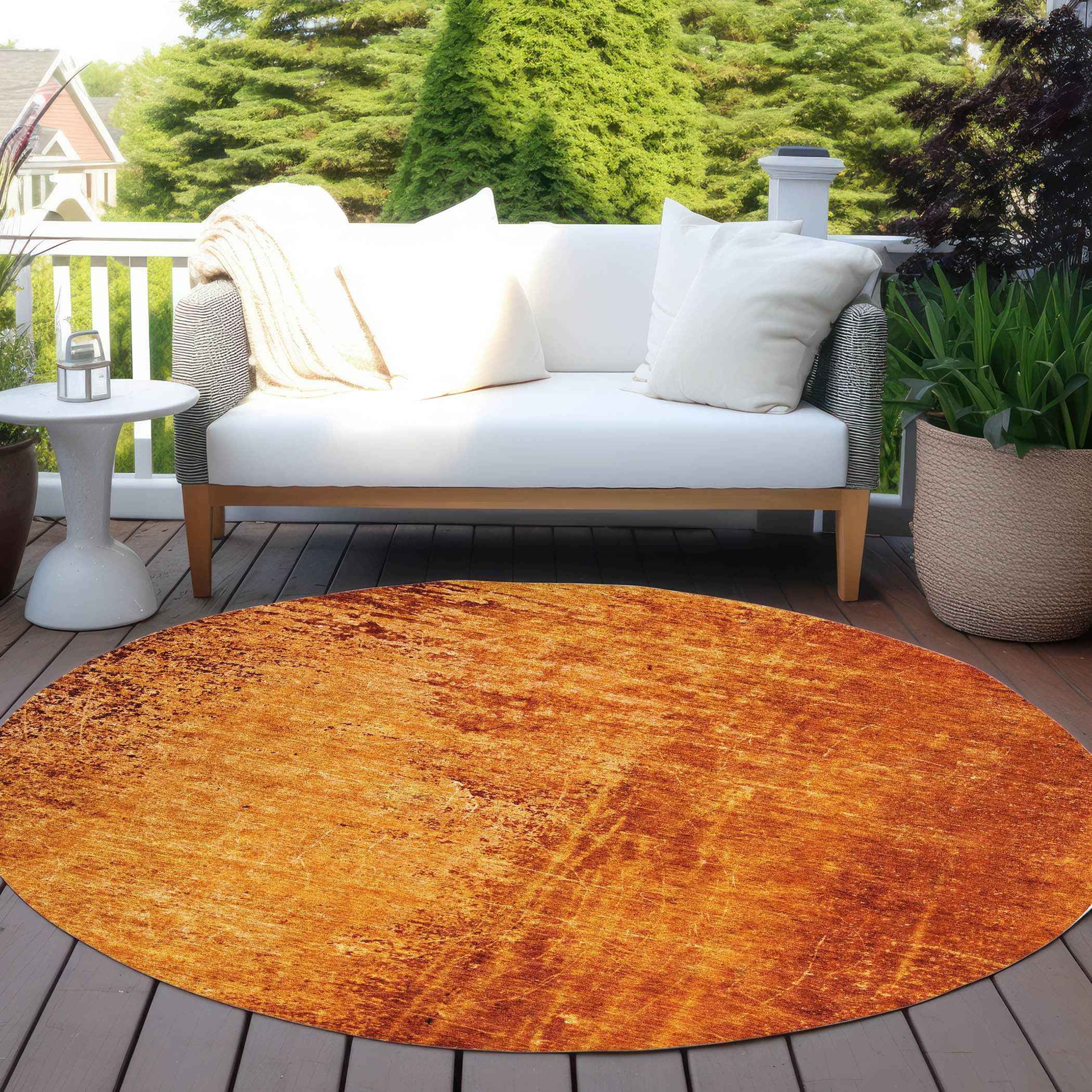 8' Round Orange Round Abstract Washable Non Skid Indoor Outdoor Area Rug