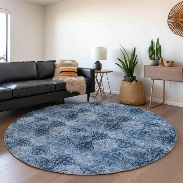 8' X 8' Navy Blue Round Floral Medallion Washable Non Skid Indoor Outdoor Area Rug