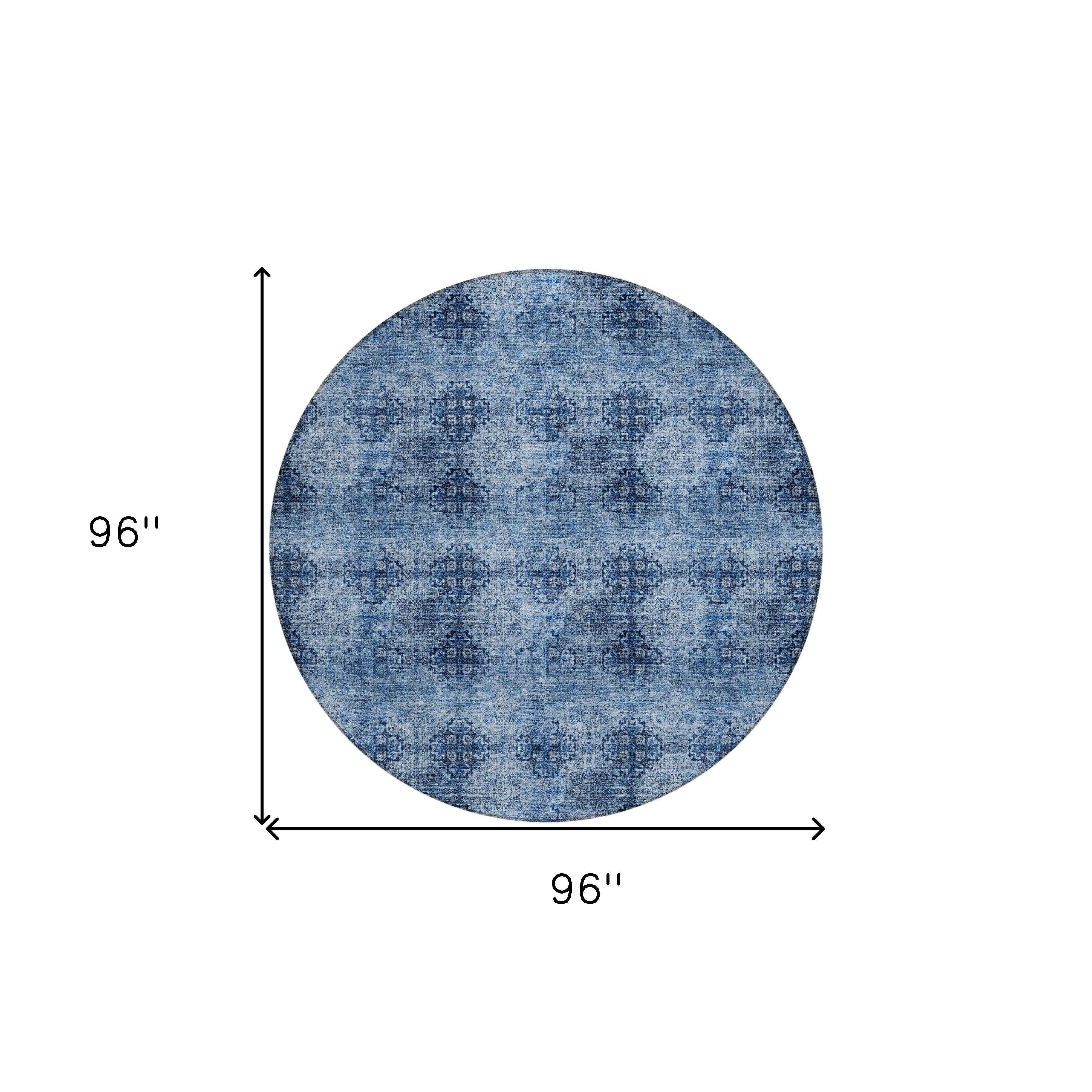 8' X 8' Navy Blue Round Floral Medallion Washable Non Skid Indoor Outdoor Area Rug