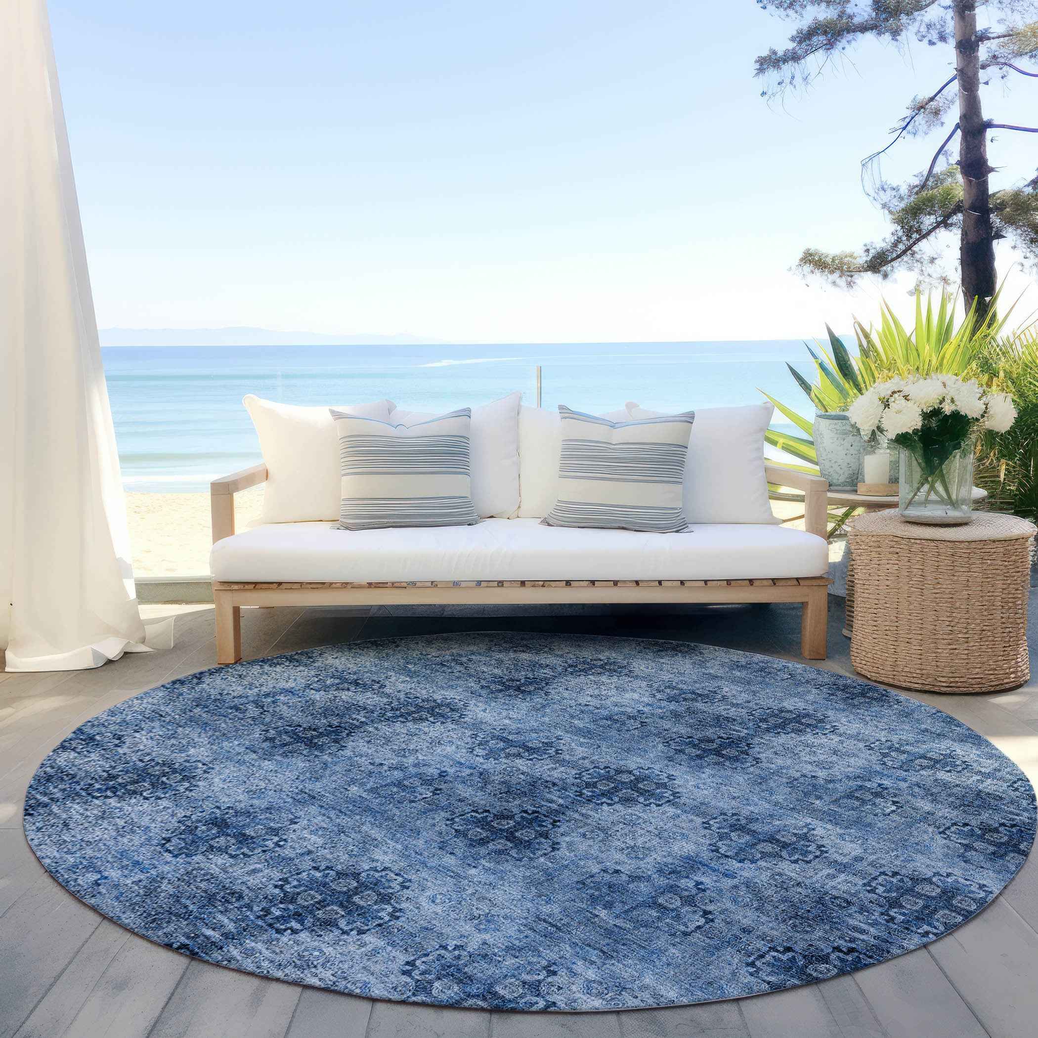 8' X 8' Navy Blue Round Floral Medallion Washable Non Skid Indoor Outdoor Area Rug