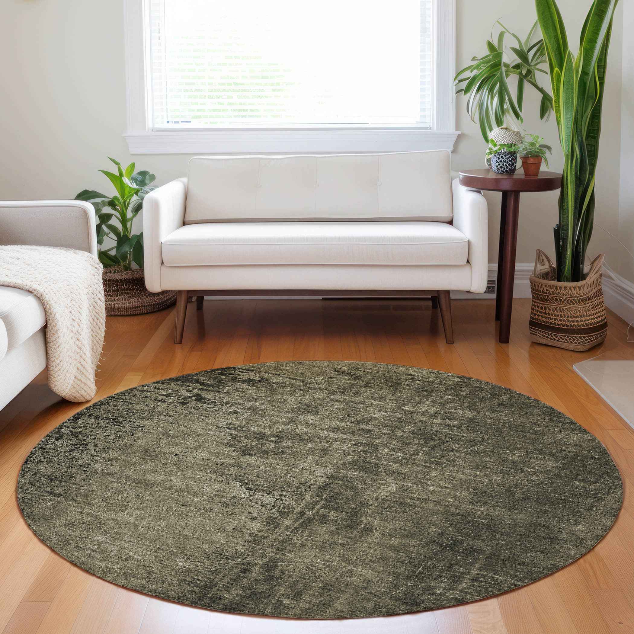 8' Round Gray Round Abstract Washable Non Skid Indoor Outdoor Area Rug