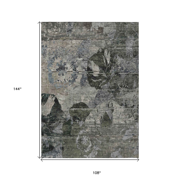 9' X 12' Gray Dark Green And Black Floral Washable Indoor Outdoor Area Rug