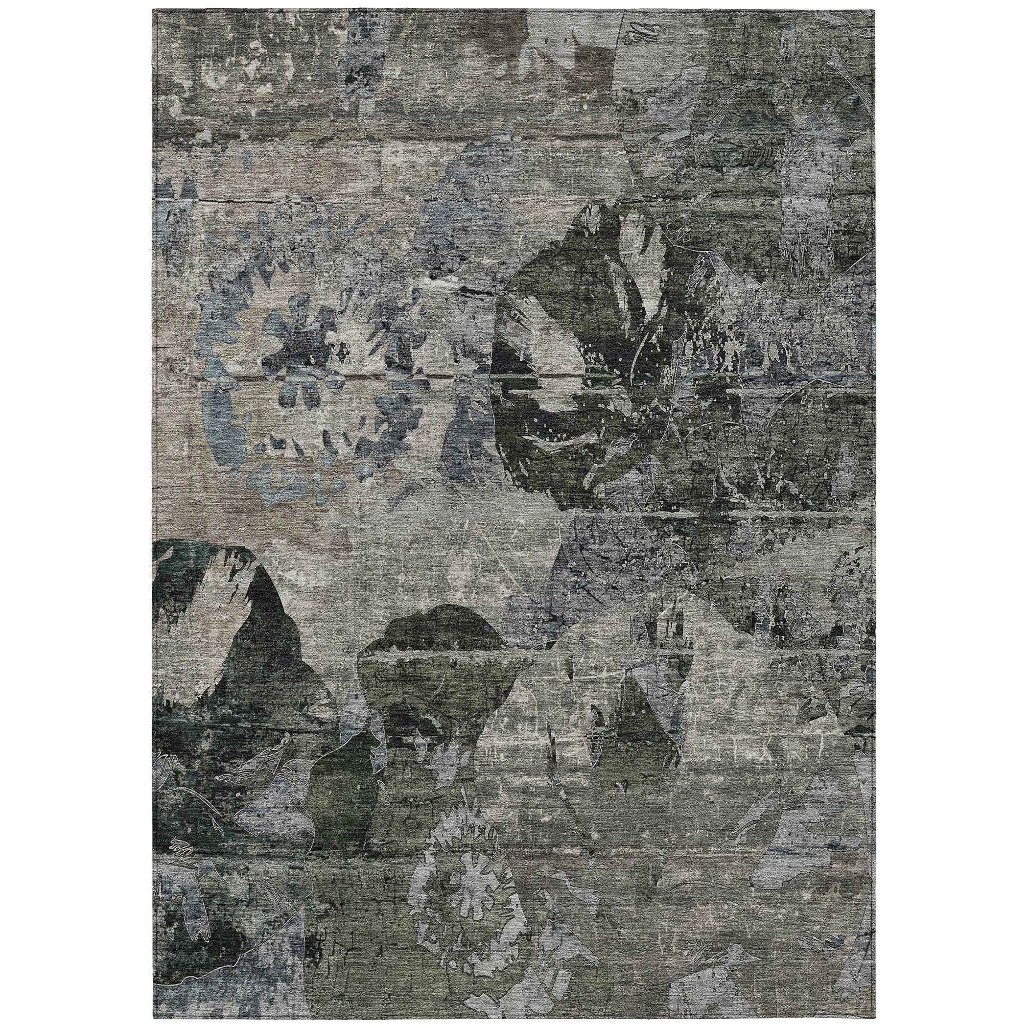 9' X 12' Gray Dark Green And Black Floral Washable Indoor Outdoor Area Rug