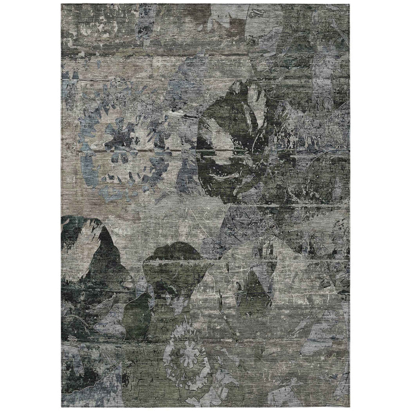 9' X 12' Gray Dark Green And Black Floral Washable Indoor Outdoor Area Rug