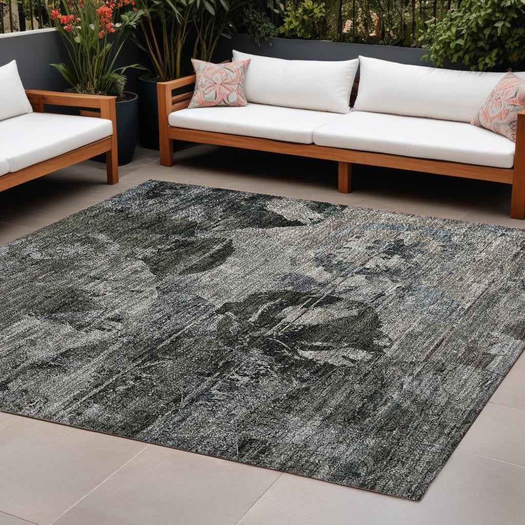 9' X 12' Gray Dark Green And Black Floral Washable Indoor Outdoor Area Rug
