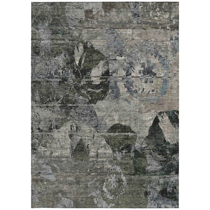 9' X 12' Gray Dark Green And Black Floral Washable Indoor Outdoor Area Rug