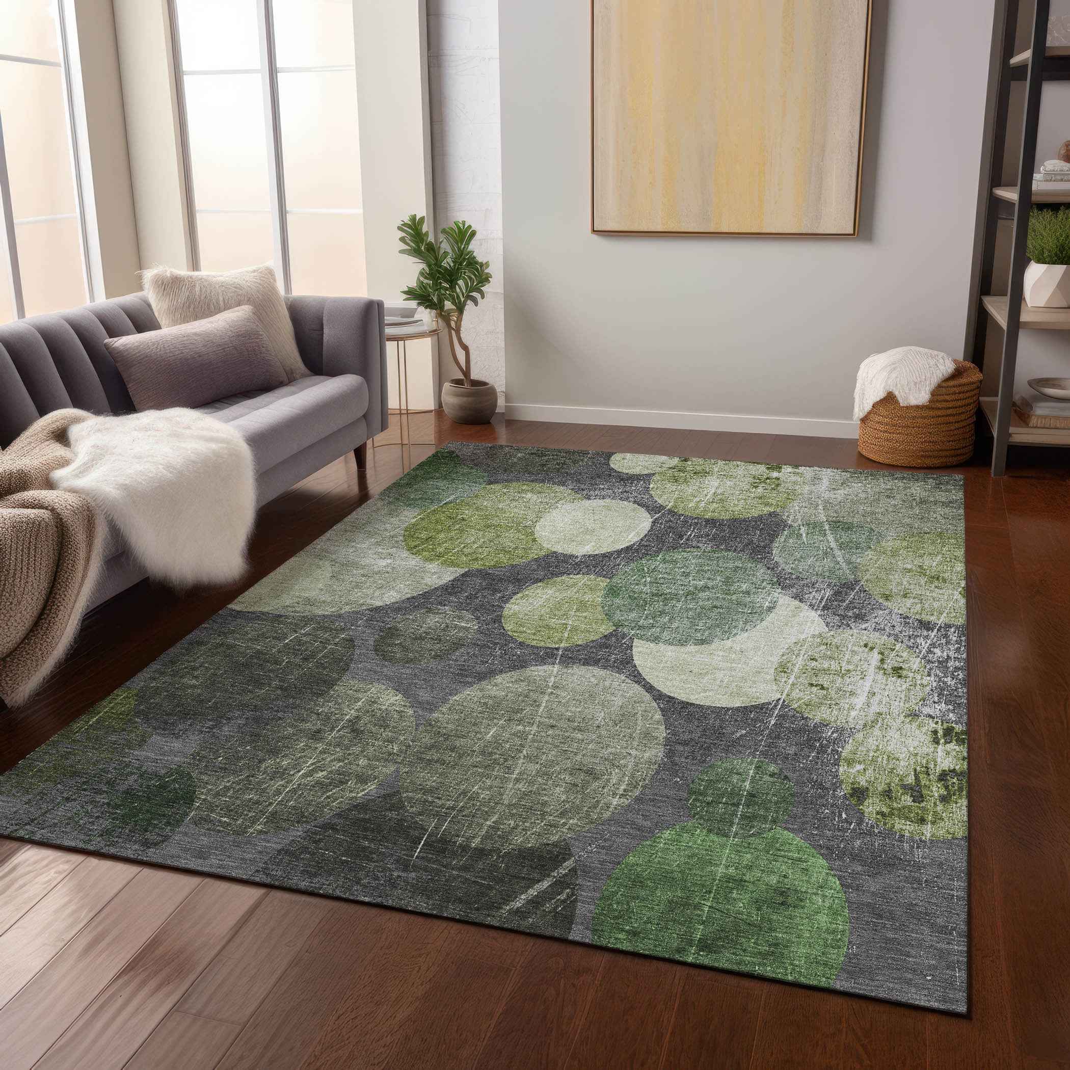 9' X 12' Green And Gray Abstract Washable Indoor Outdoor Area Rug