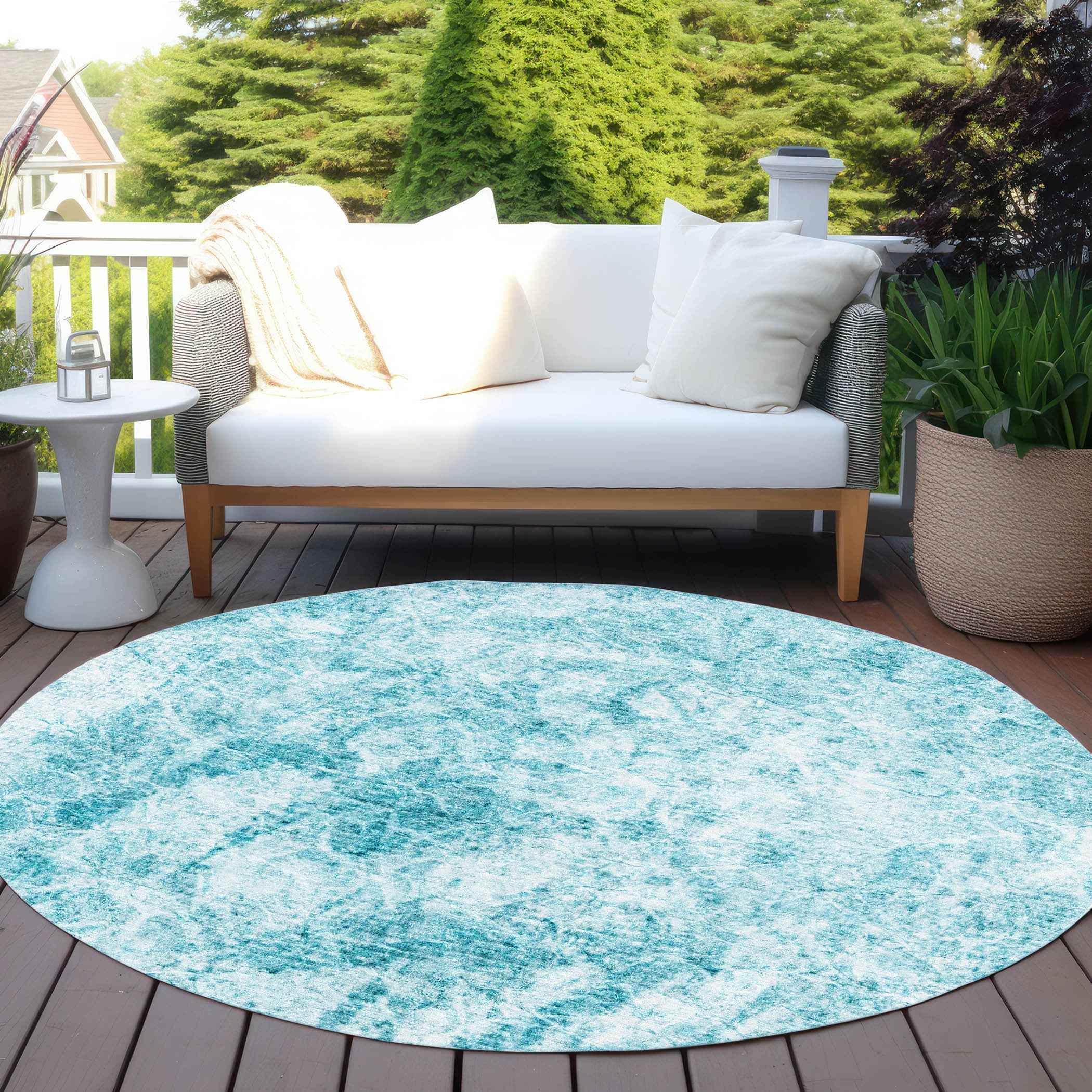 8' Round Teal Round Abstract Washable Non Skid Indoor Outdoor Area Rug