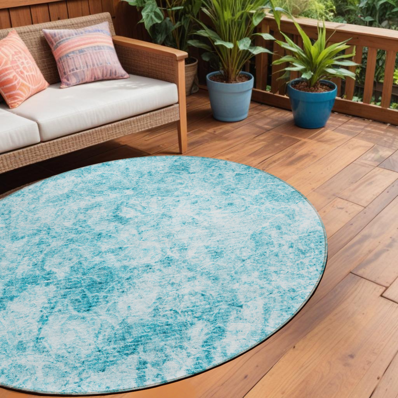 8' Round Teal Round Abstract Washable Non Skid Indoor Outdoor Area Rug