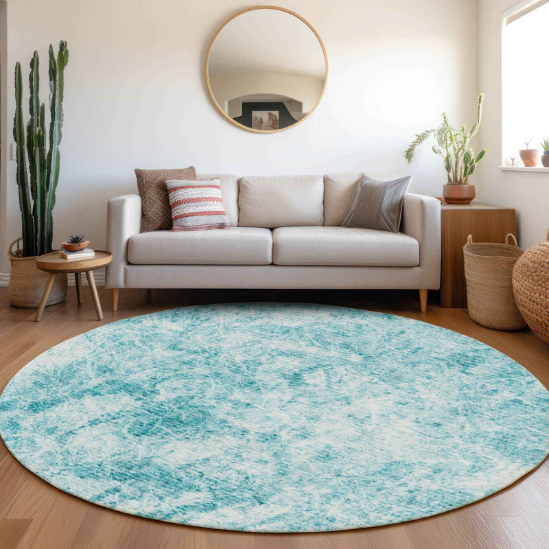 8' Round Teal Round Abstract Washable Non Skid Indoor Outdoor Area Rug