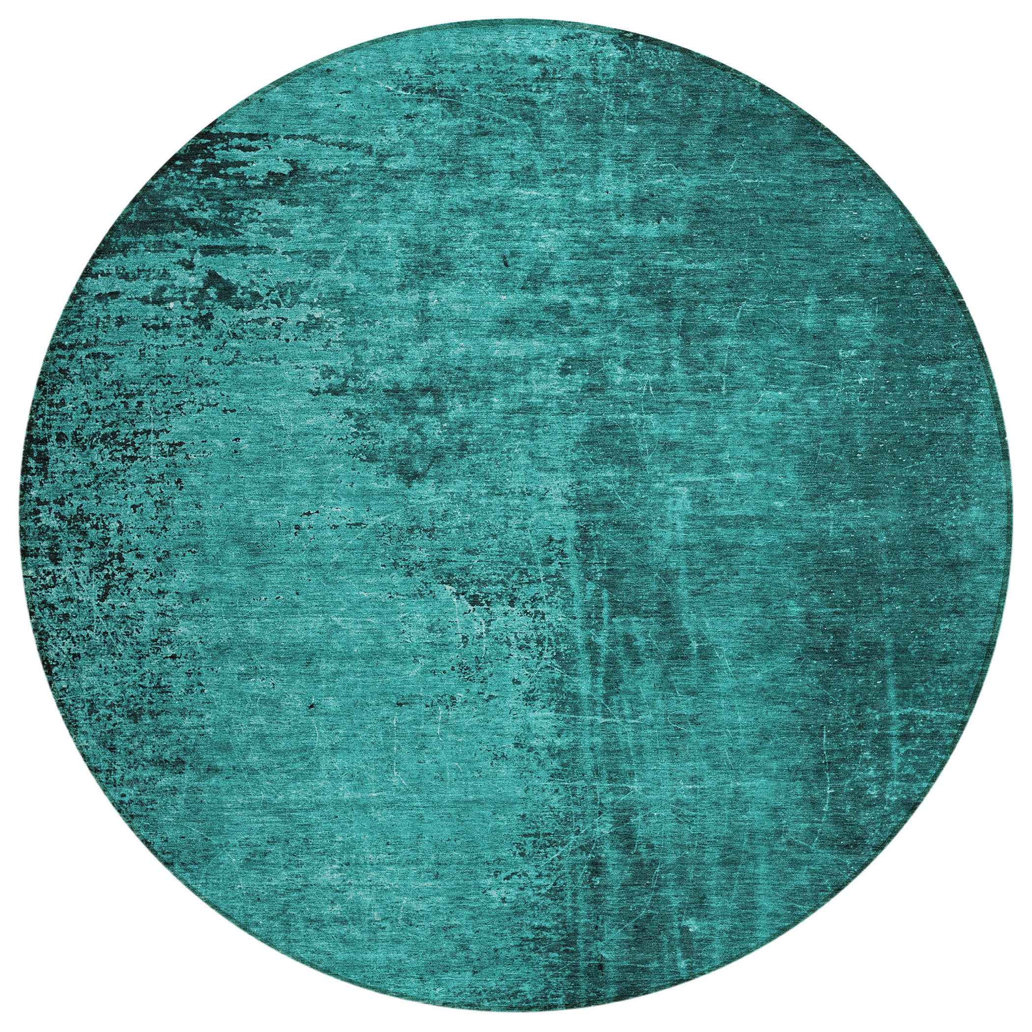 8' Round Teal Round Abstract Washable Non Skid Indoor Outdoor Area Rug