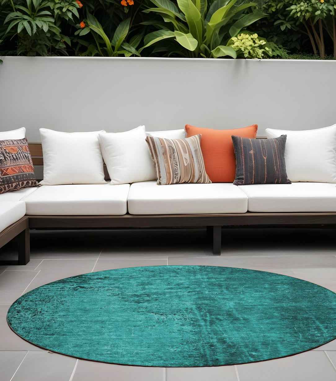 8' Round Teal Round Abstract Washable Non Skid Indoor Outdoor Area Rug