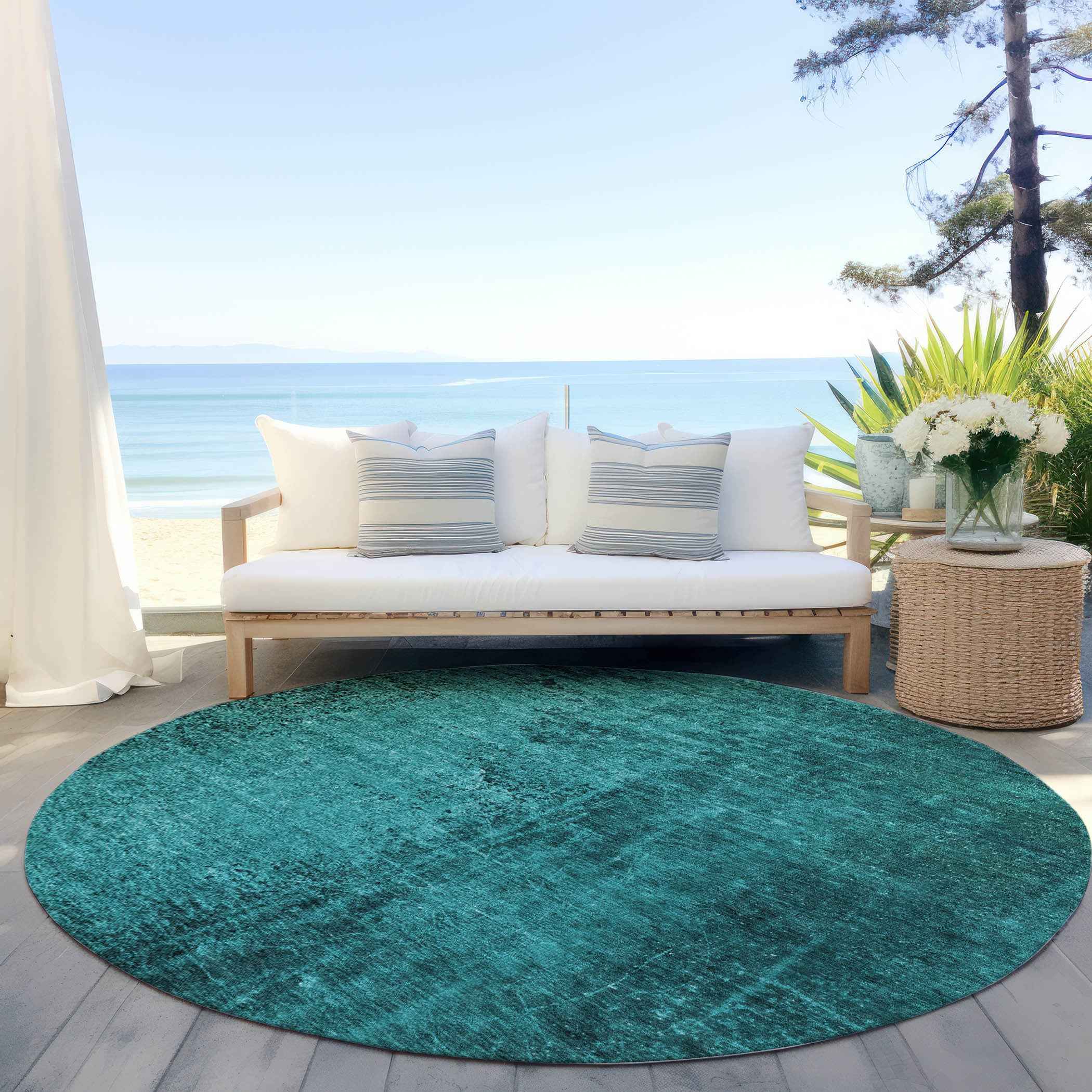 8' Round Teal Round Abstract Washable Non Skid Indoor Outdoor Area Rug