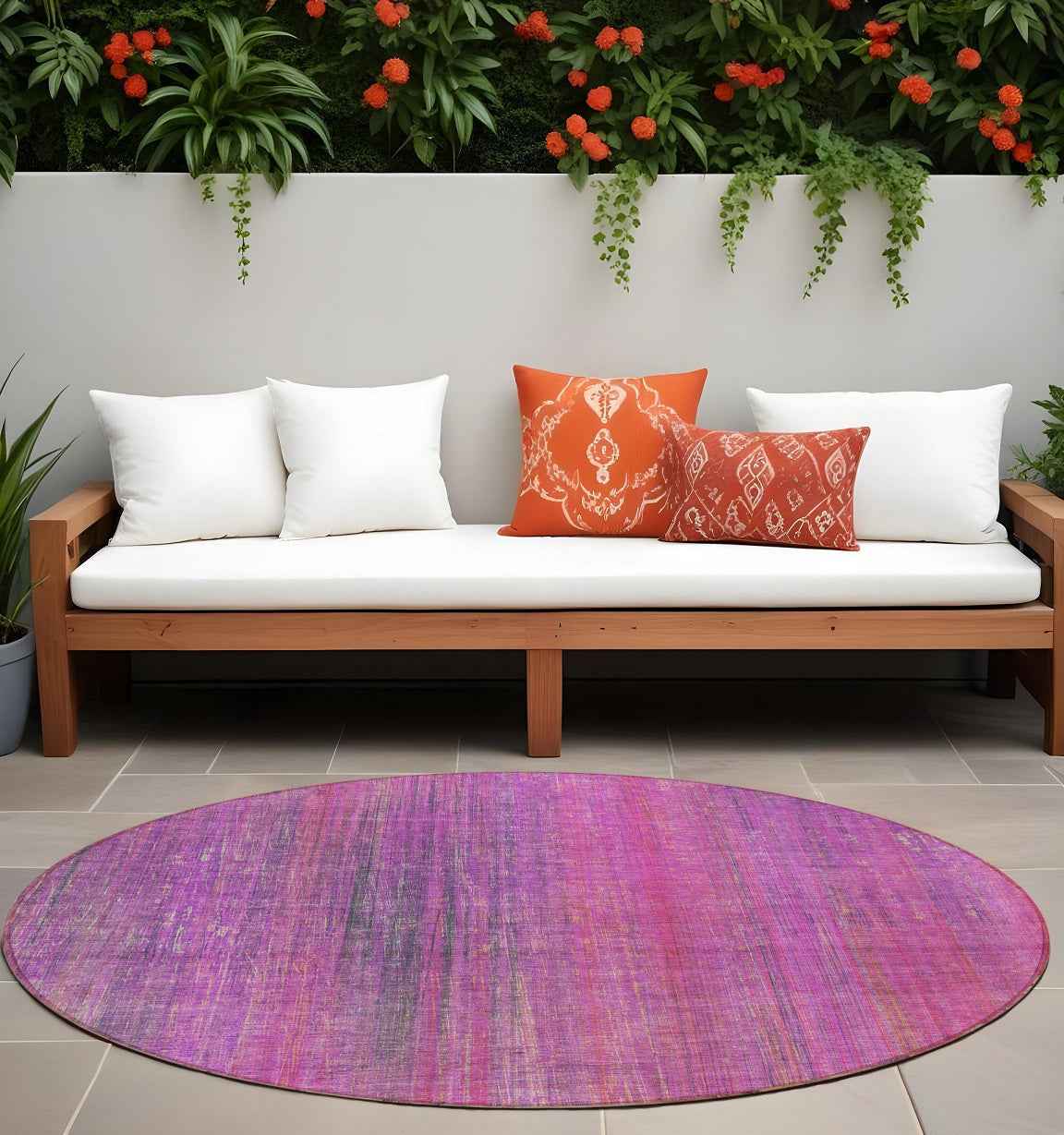 8' Round Lilac Round Striped Washable Non Skid Indoor Outdoor Area Rug
