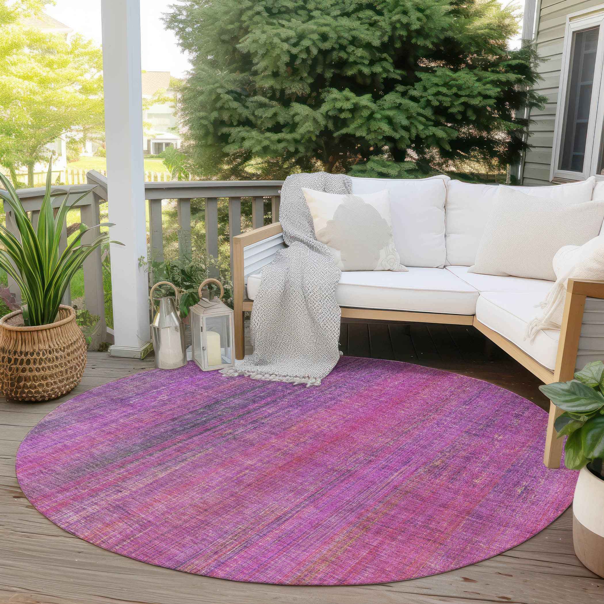 8' Round Lilac Round Striped Washable Non Skid Indoor Outdoor Area Rug