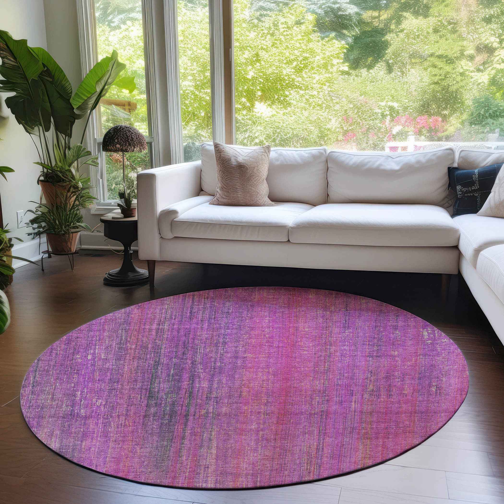 8' Round Lilac Round Striped Washable Non Skid Indoor Outdoor Area Rug