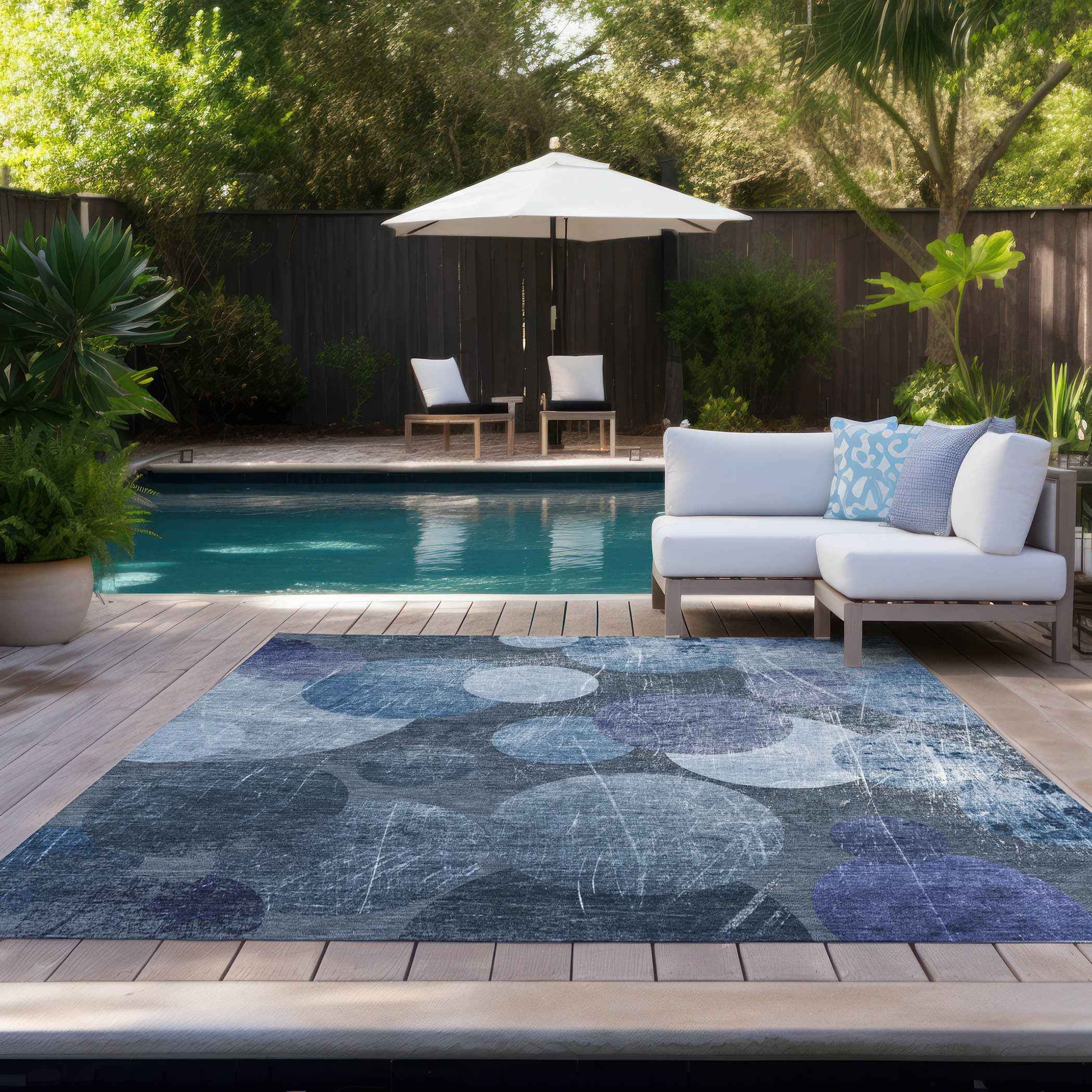 10' X 14' Gray and Blue Abstract Washable Non Skid Indoor Outdoor Area Rug