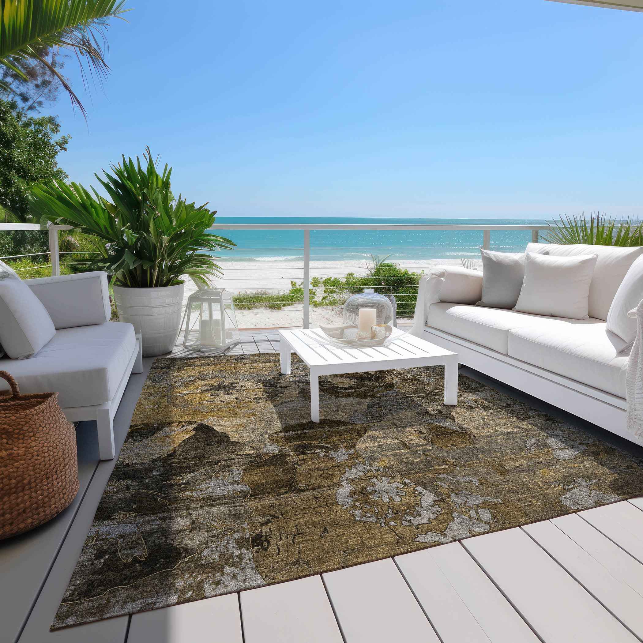 8' X 10' Brown Terracotta and Gray Floral Washable Non Skid Indoor Outdoor Area Rug