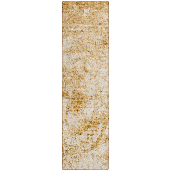 8' Runner Cream and Gold Abstract Washable Non Skid Indoor Outdoor Runner Rug