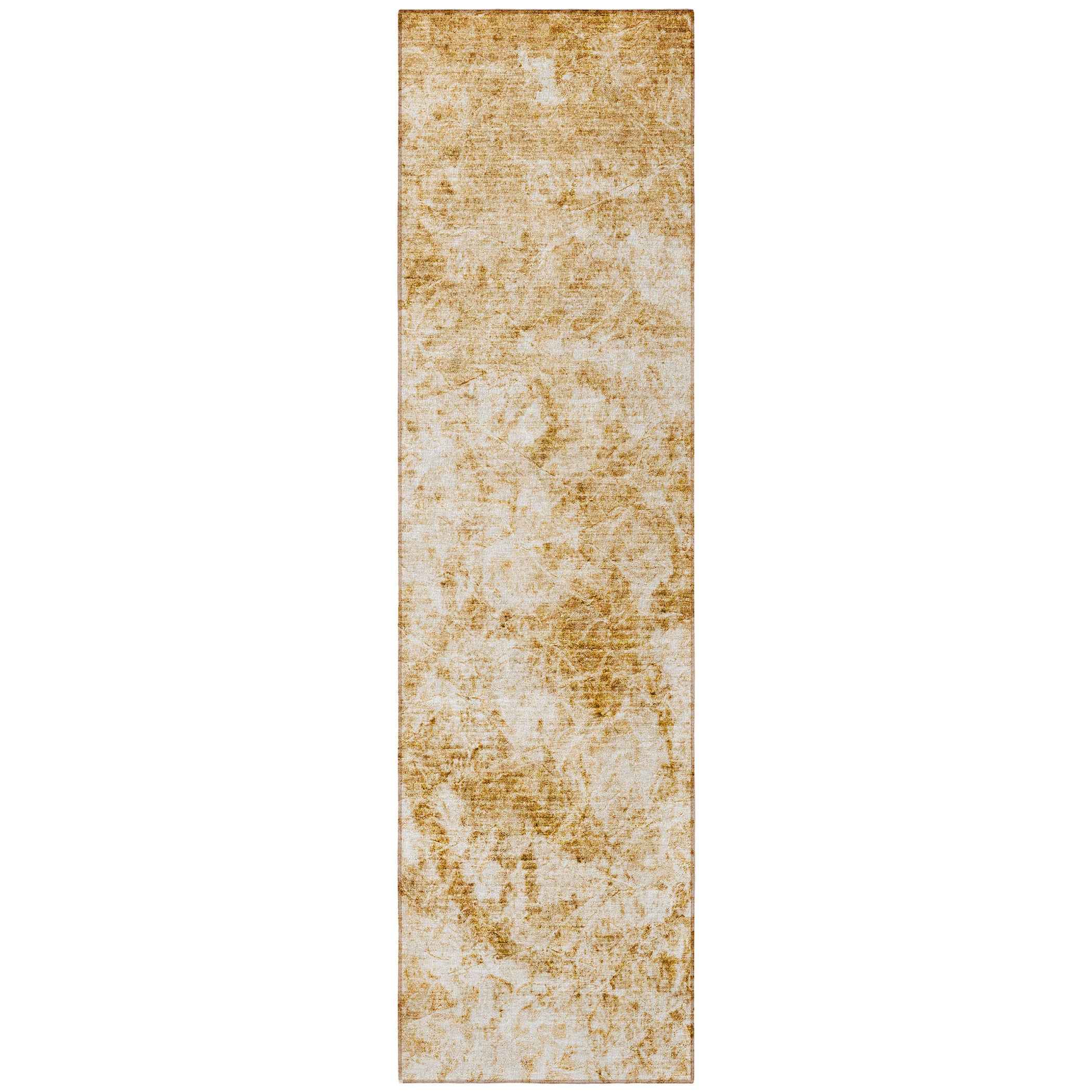 8' Runner Cream and Gold Abstract Washable Non Skid Indoor Outdoor Runner Rug