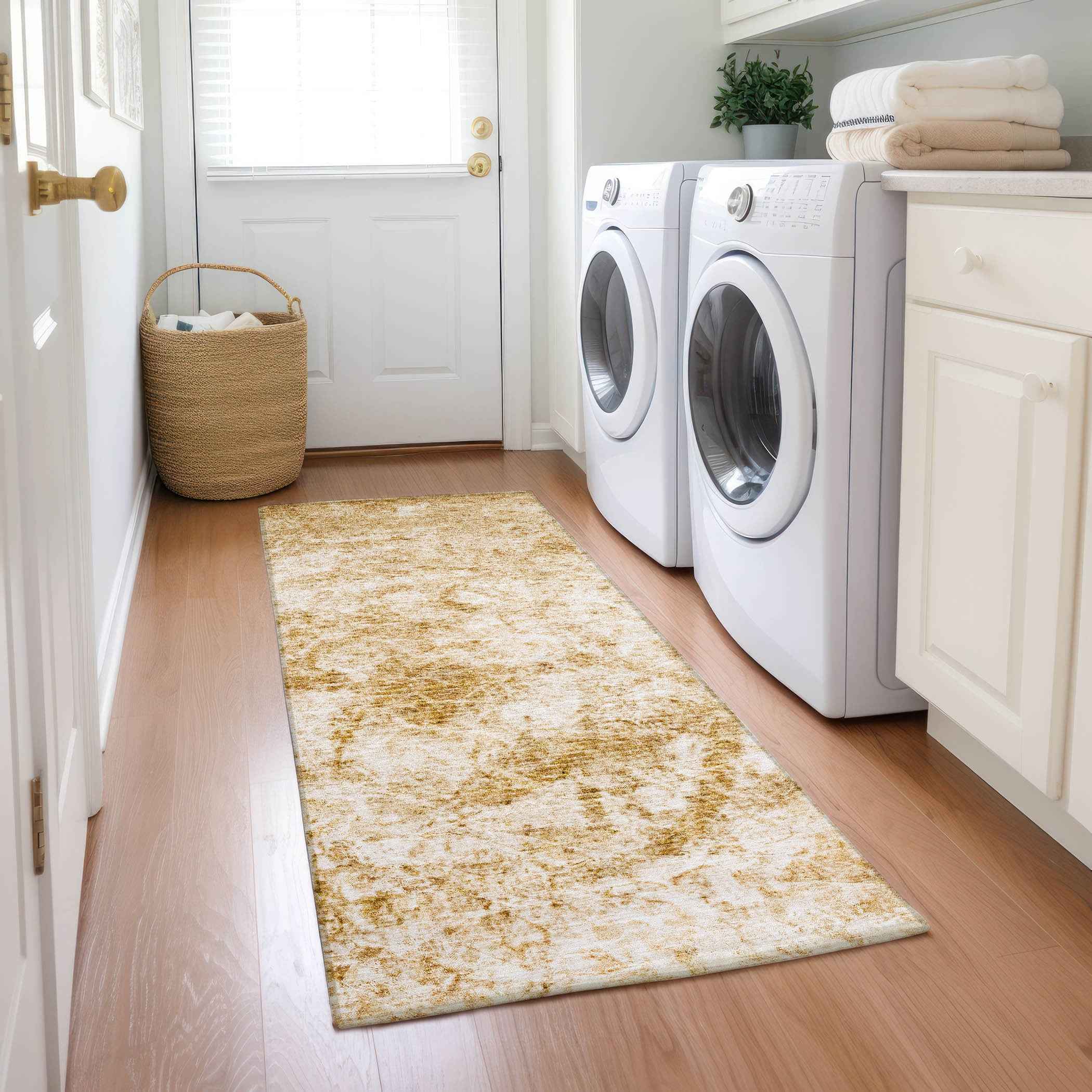 8' Runner Cream and Gold Abstract Washable Non Skid Indoor Outdoor Runner Rug