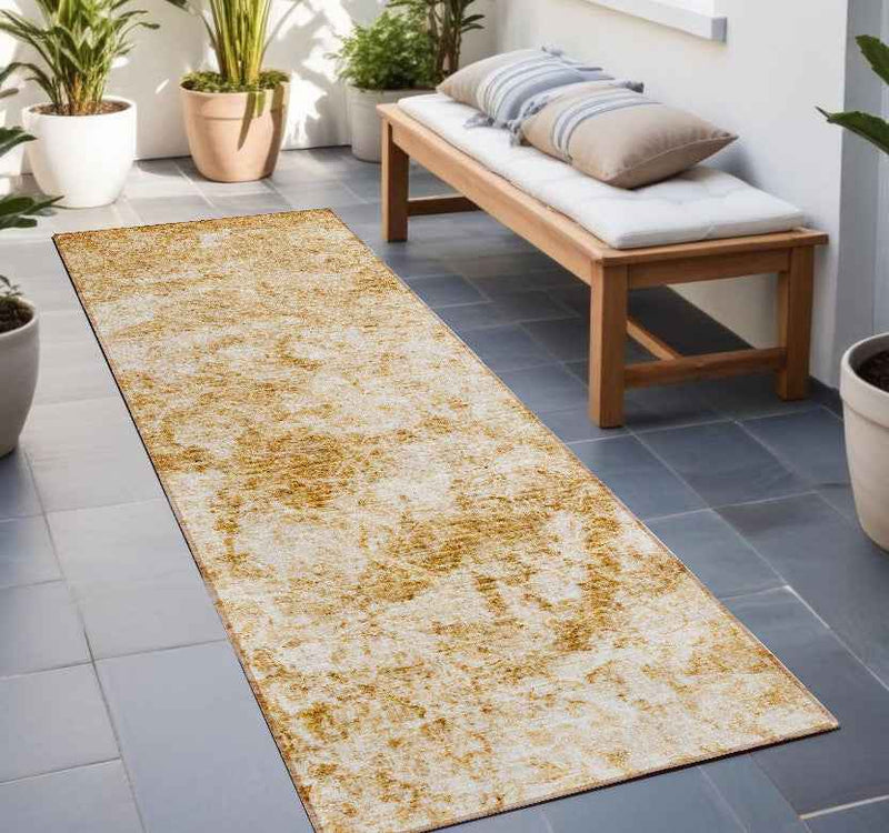 8' Runner Cream and Gold Abstract Washable Non Skid Indoor Outdoor Runner Rug