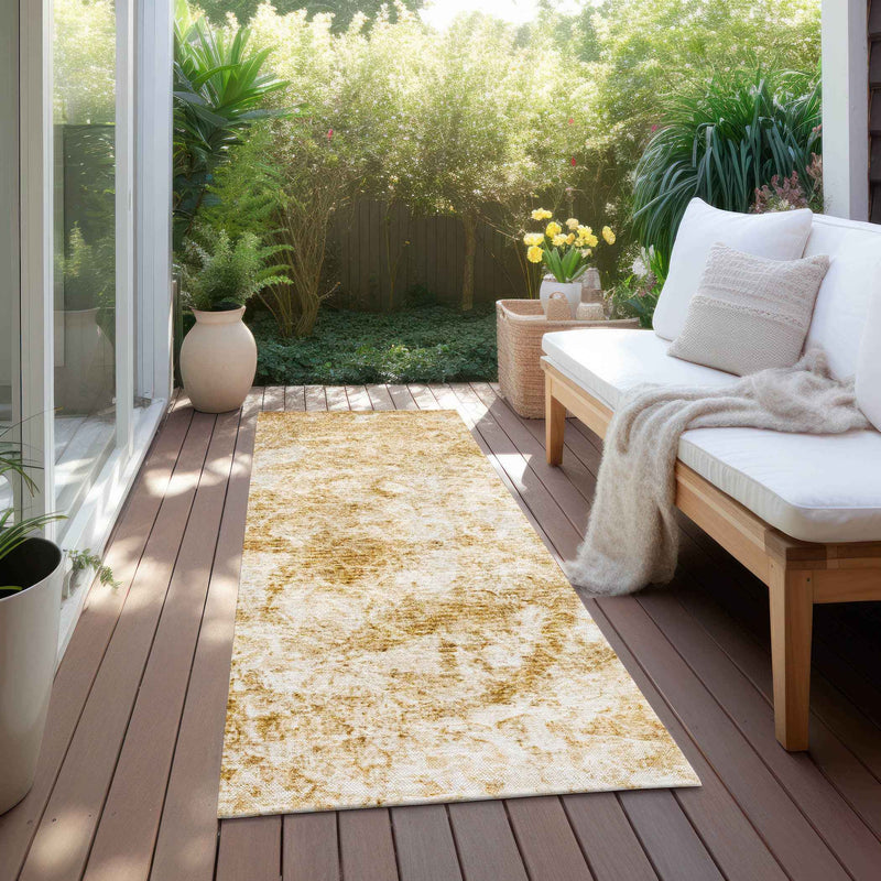 8' Runner Cream and Gold Abstract Washable Non Skid Indoor Outdoor Runner Rug