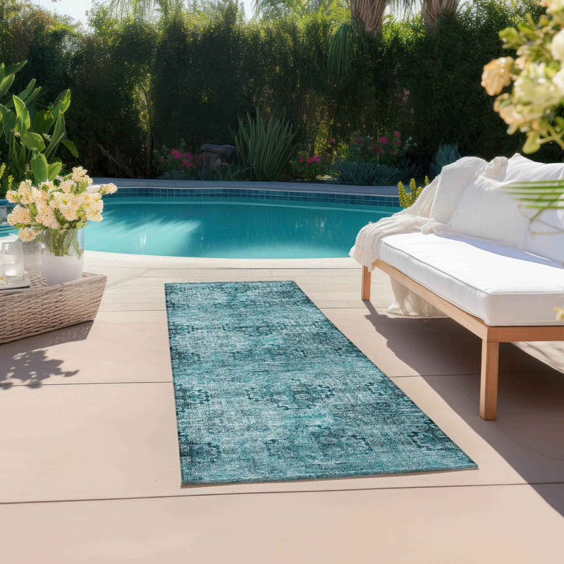 2' X 8' Teal Floral Medallion Washable Non Skid Indoor Outdoor Runner Rug