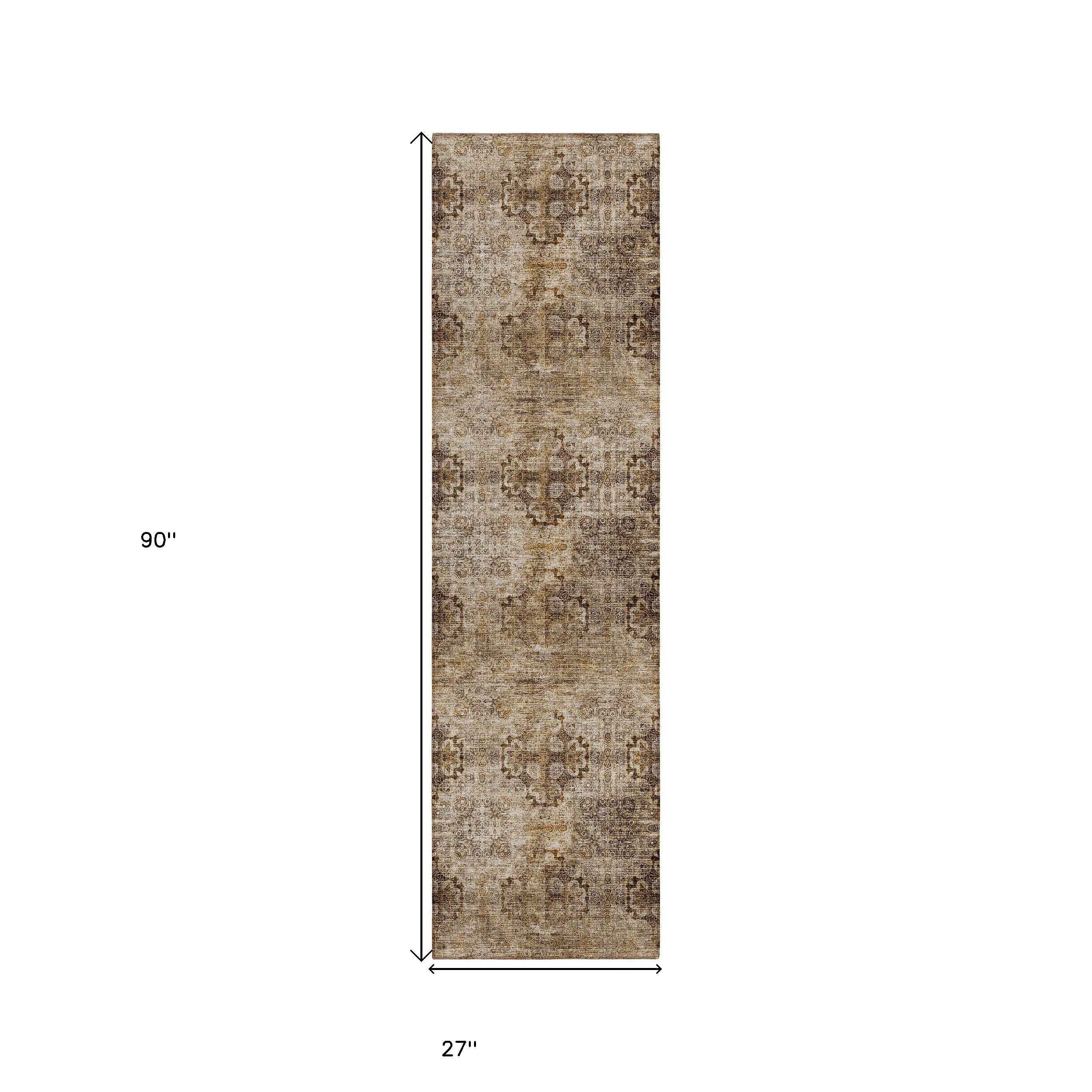 2' X 8' Taupe Floral Medallion Washable Non Skid Indoor Outdoor Runner Rug
