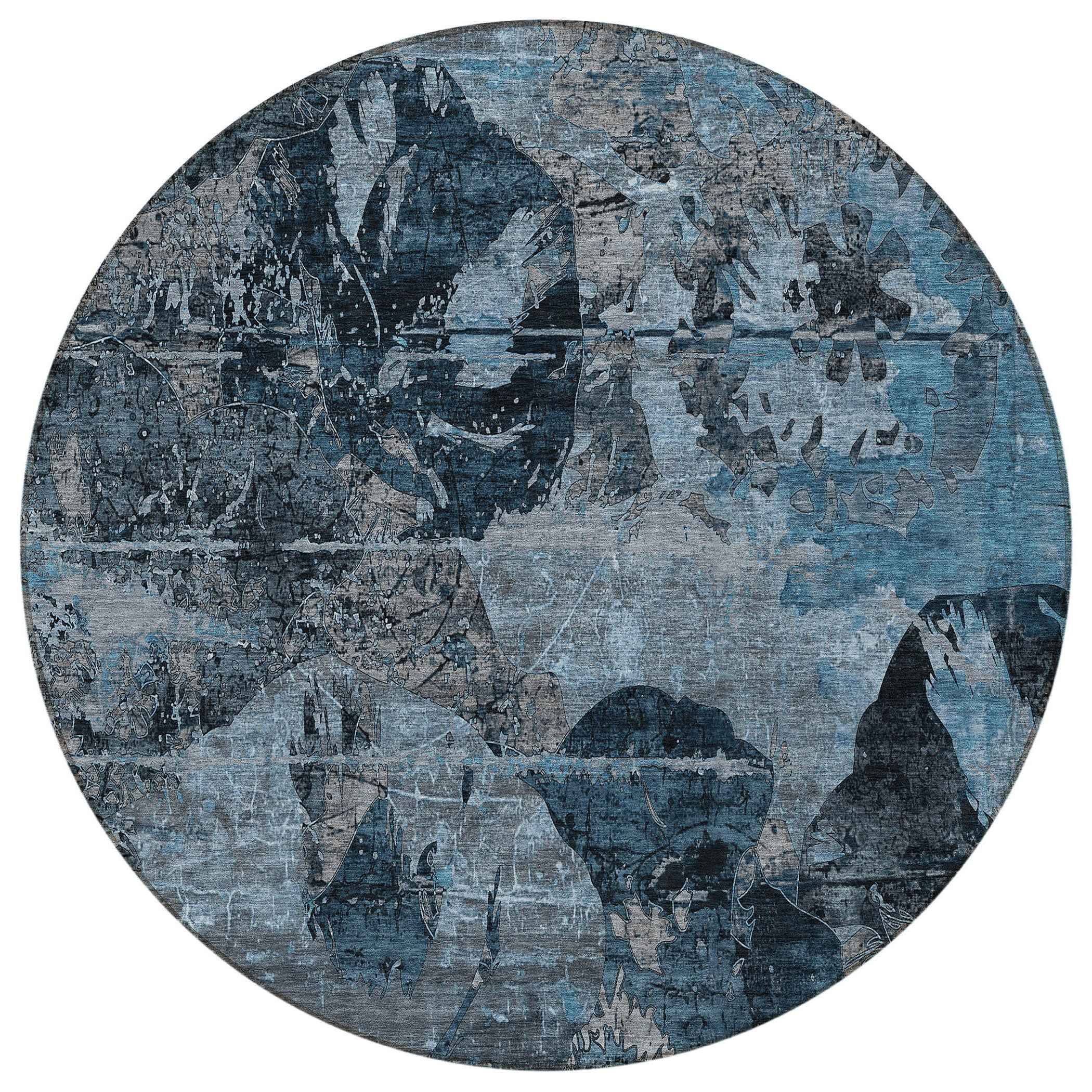8' Round Blue and Dark Blue Round Floral Washable Non Skid Indoor Outdoor Area Rug