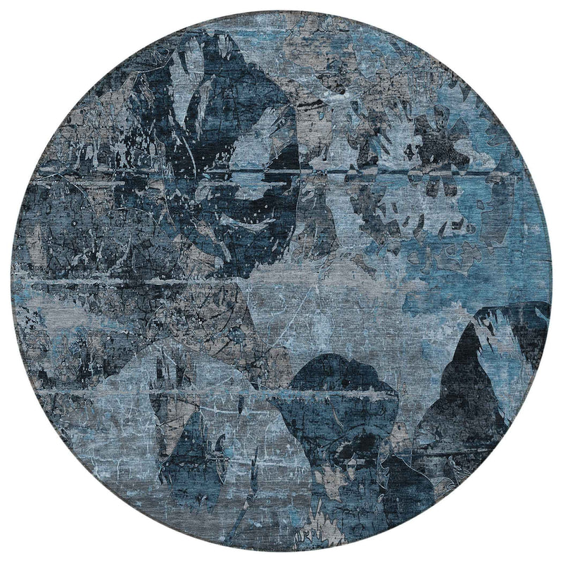 8' Round Blue and Dark Blue Round Floral Washable Non Skid Indoor Outdoor Area Rug