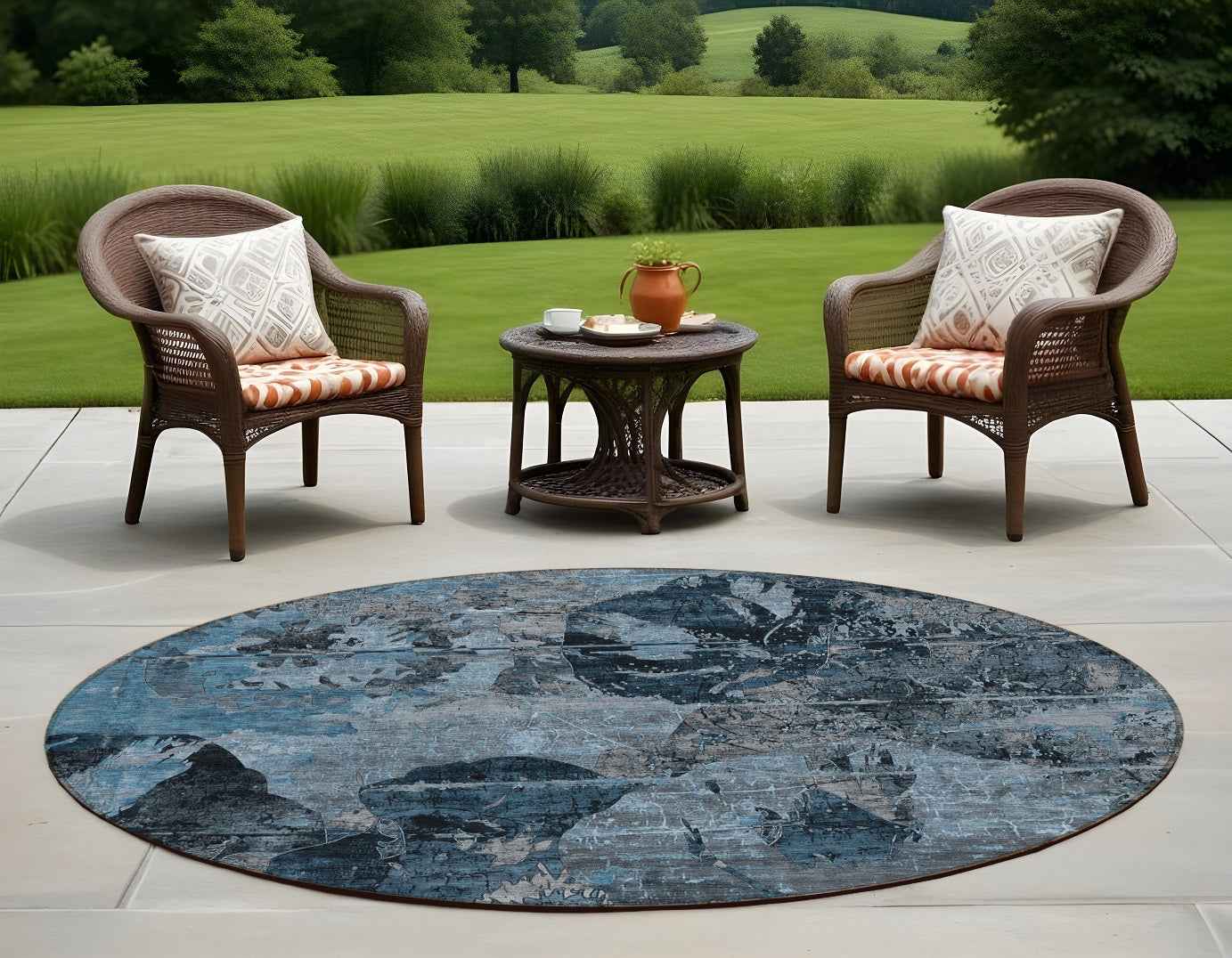 8' Round Blue and Dark Blue Round Floral Washable Non Skid Indoor Outdoor Area Rug