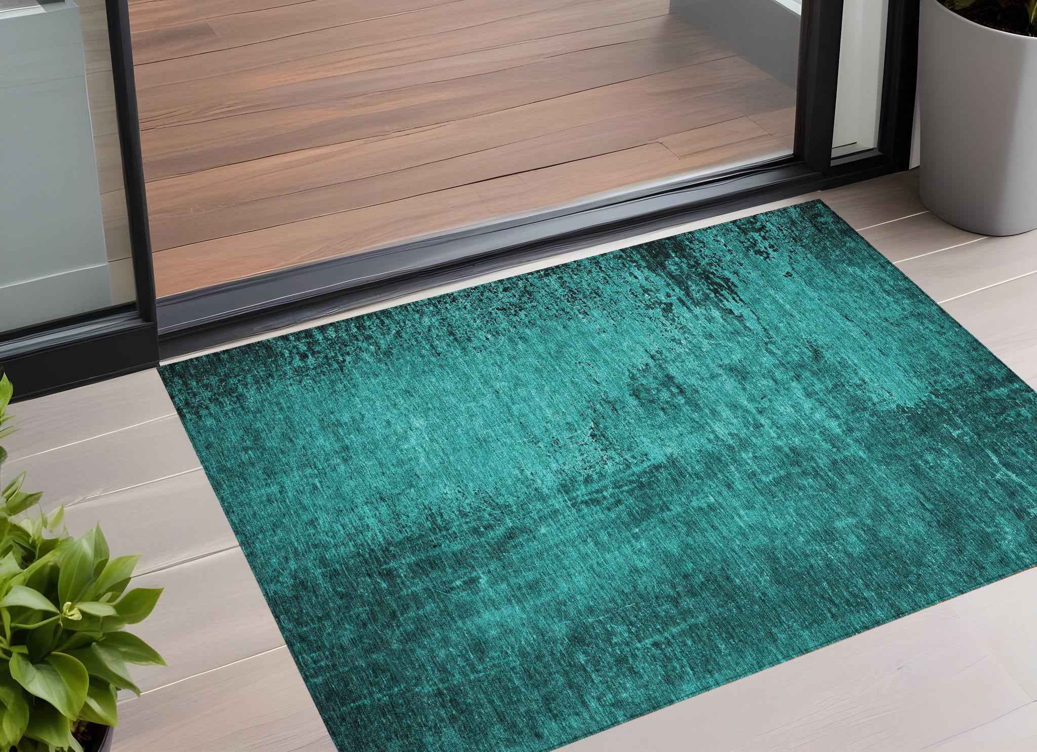 3' X 5' Teal Abstract Washable Non Skid Indoor Outdoor Area Rug