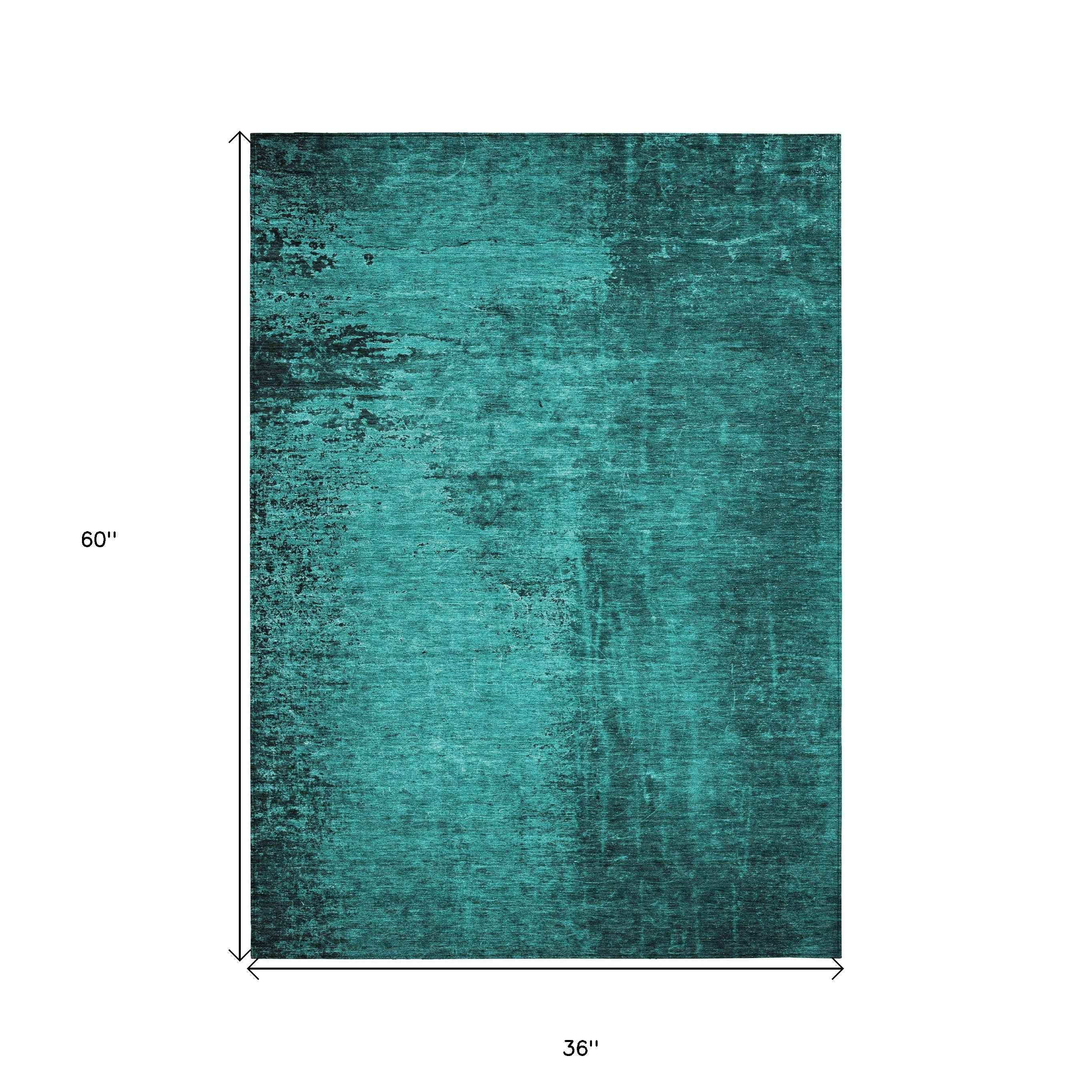 3' X 5' Teal Abstract Washable Non Skid Indoor Outdoor Area Rug