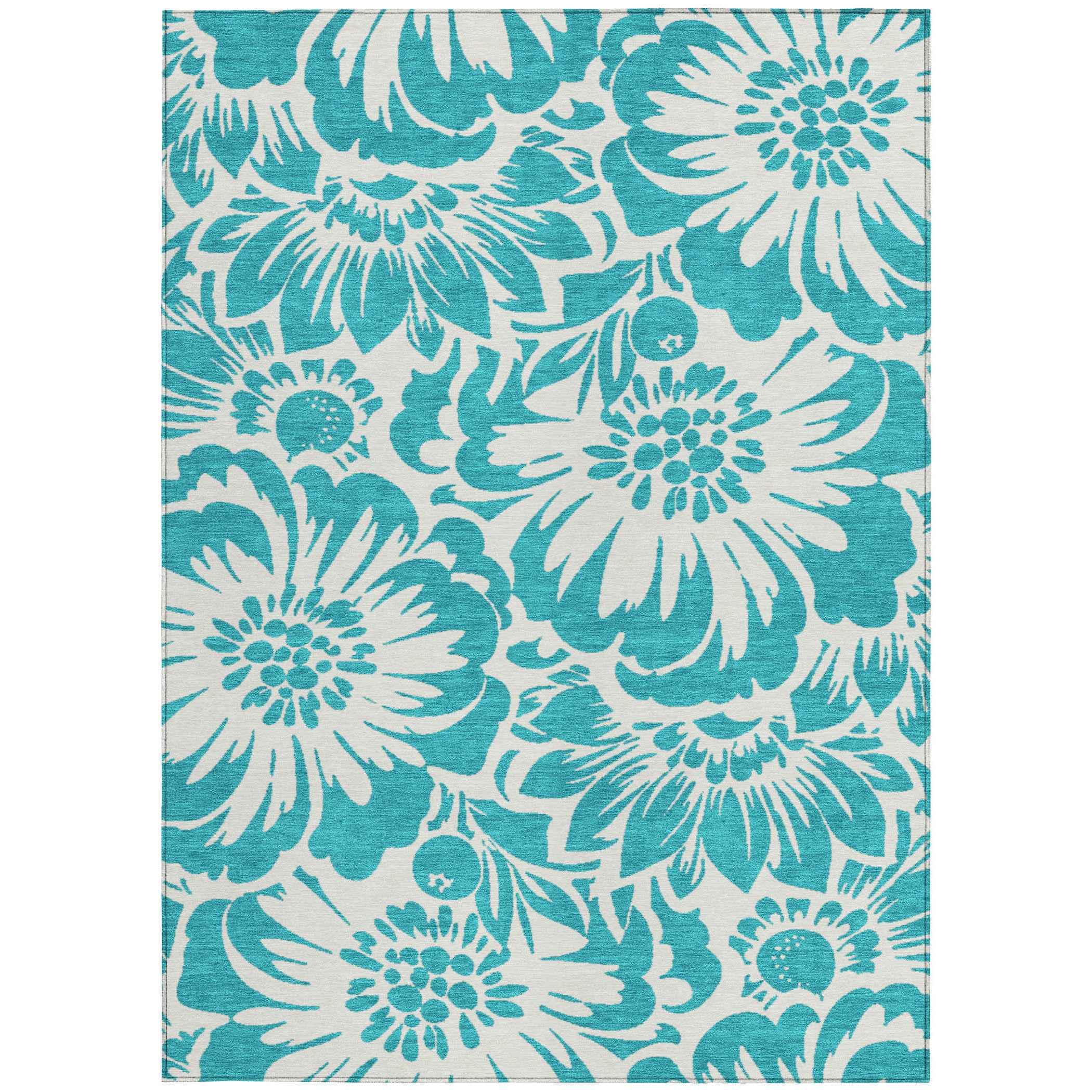 3' X 5' Teal and Ivory Floral Washable Non Skid Indoor Outdoor Area Rug