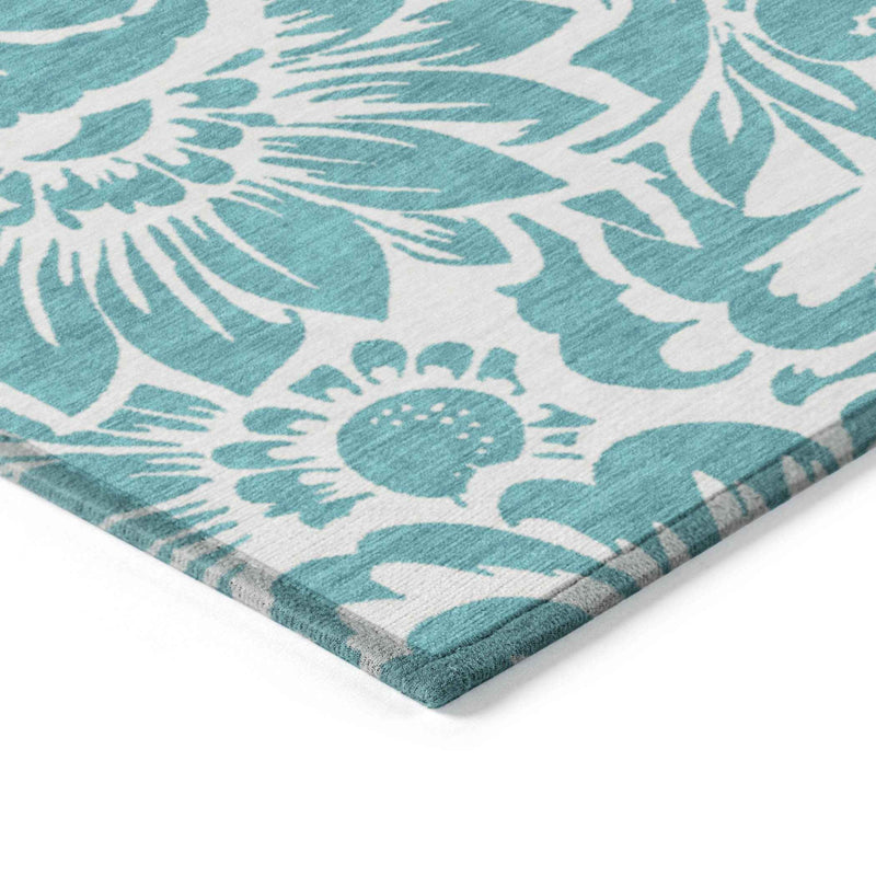 3' X 5' Teal and Ivory Floral Washable Non Skid Indoor Outdoor Area Rug