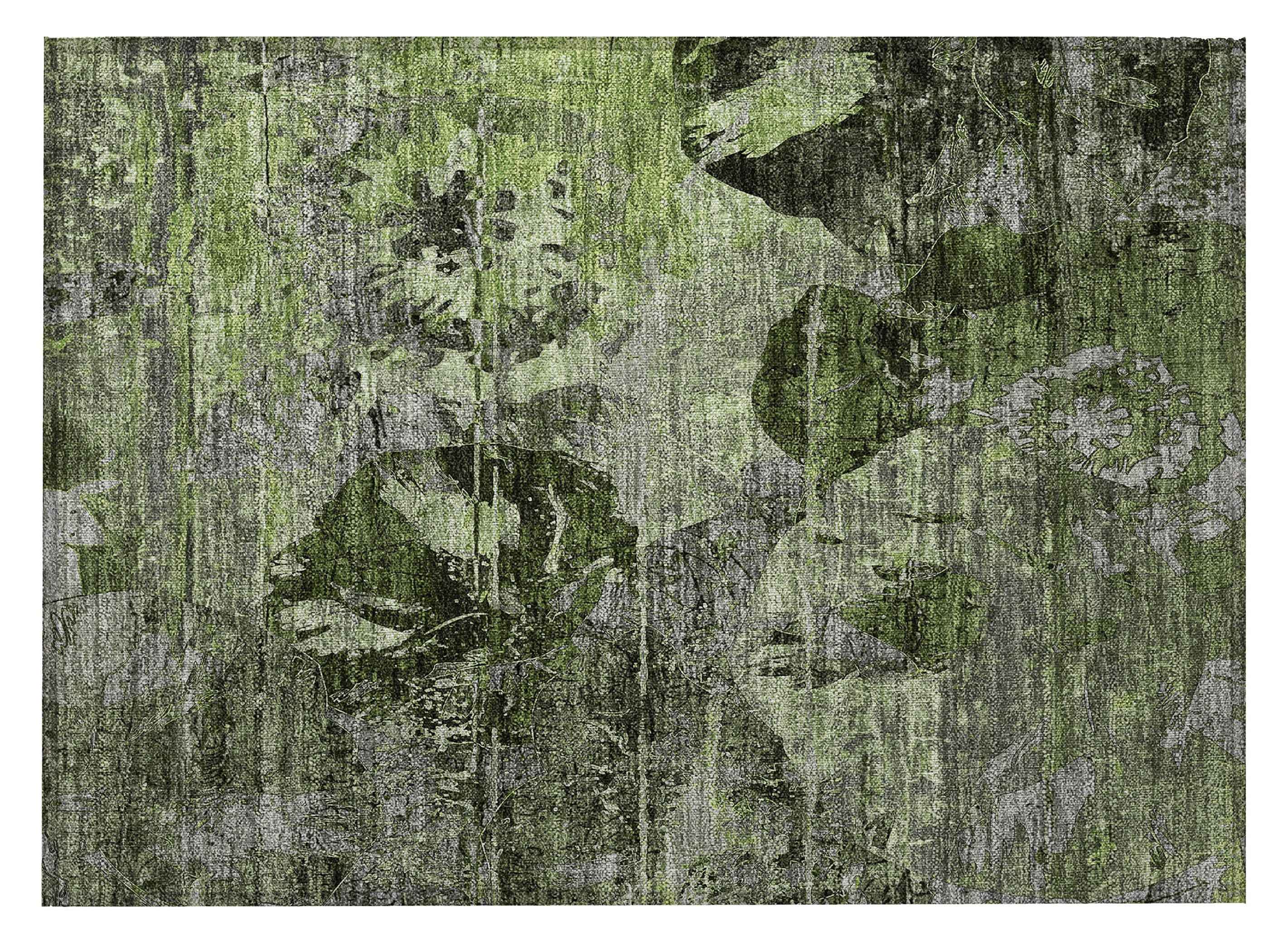 2' X 3' Green and Gray Floral Washable Non Skid Indoor Outdoor Area Rug