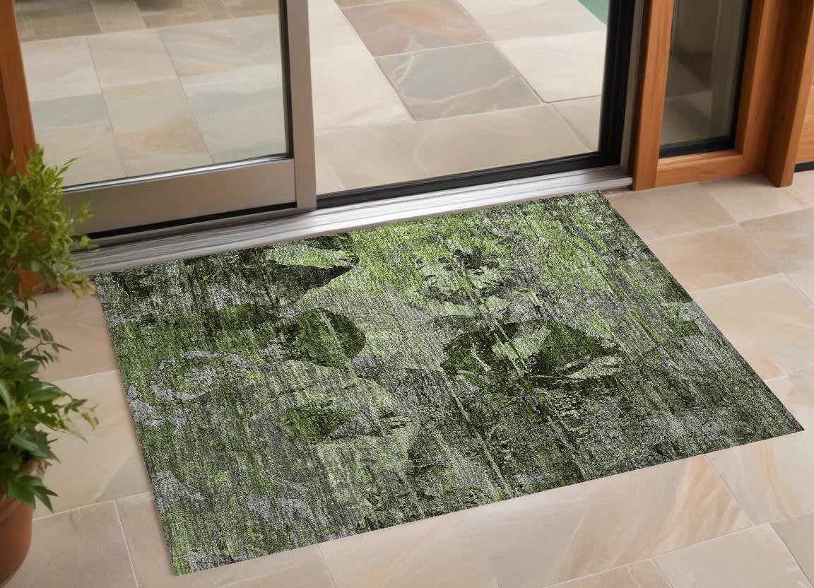 2' X 3' Green and Gray Floral Washable Non Skid Indoor Outdoor Area Rug