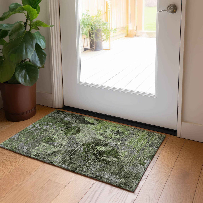 2' X 3' Green and Gray Floral Washable Non Skid Indoor Outdoor Area Rug