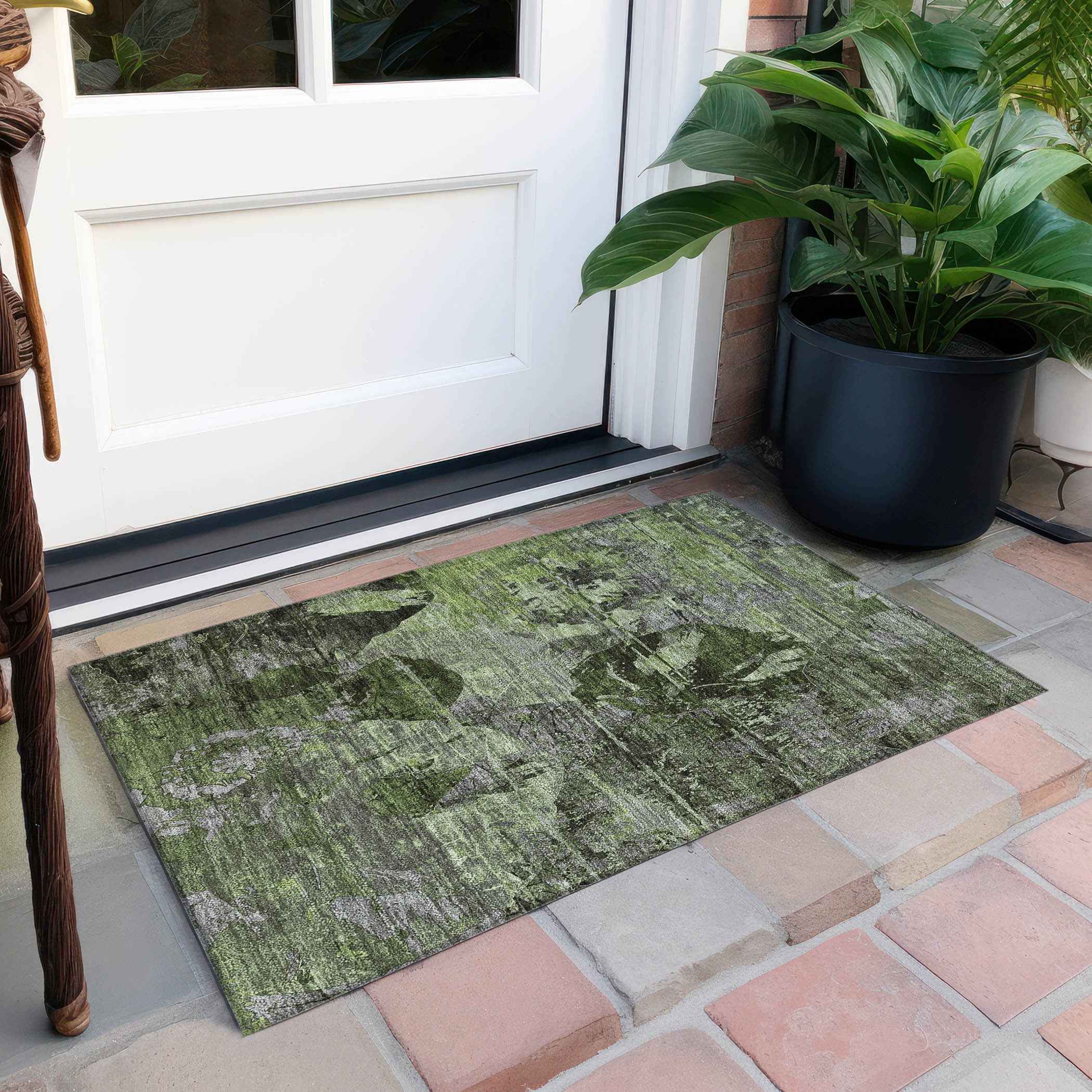 2' X 3' Green and Gray Floral Washable Non Skid Indoor Outdoor Area Rug