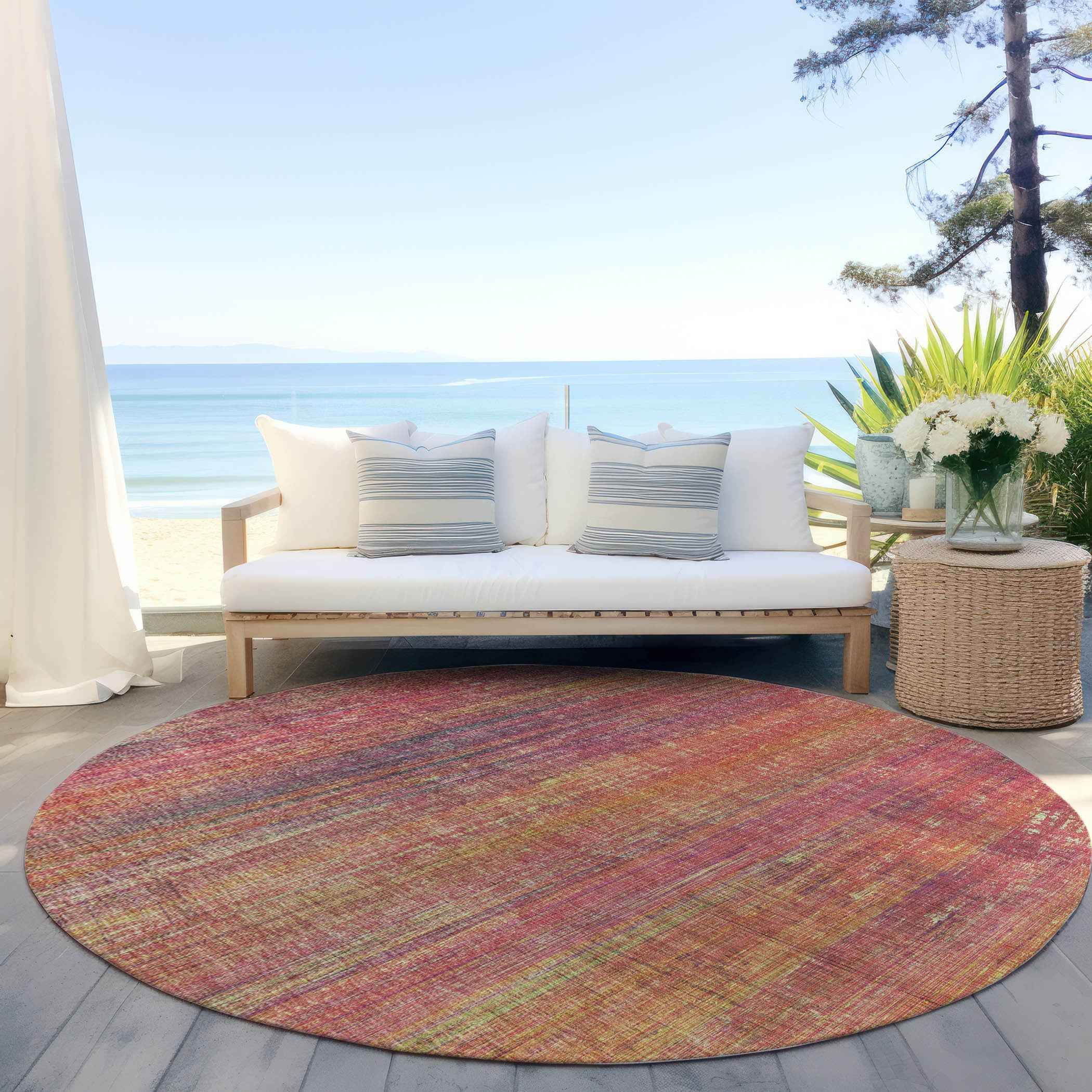 8' Round Red and Orange Round Striped Washable Non Skid Indoor Outdoor Area Rug
